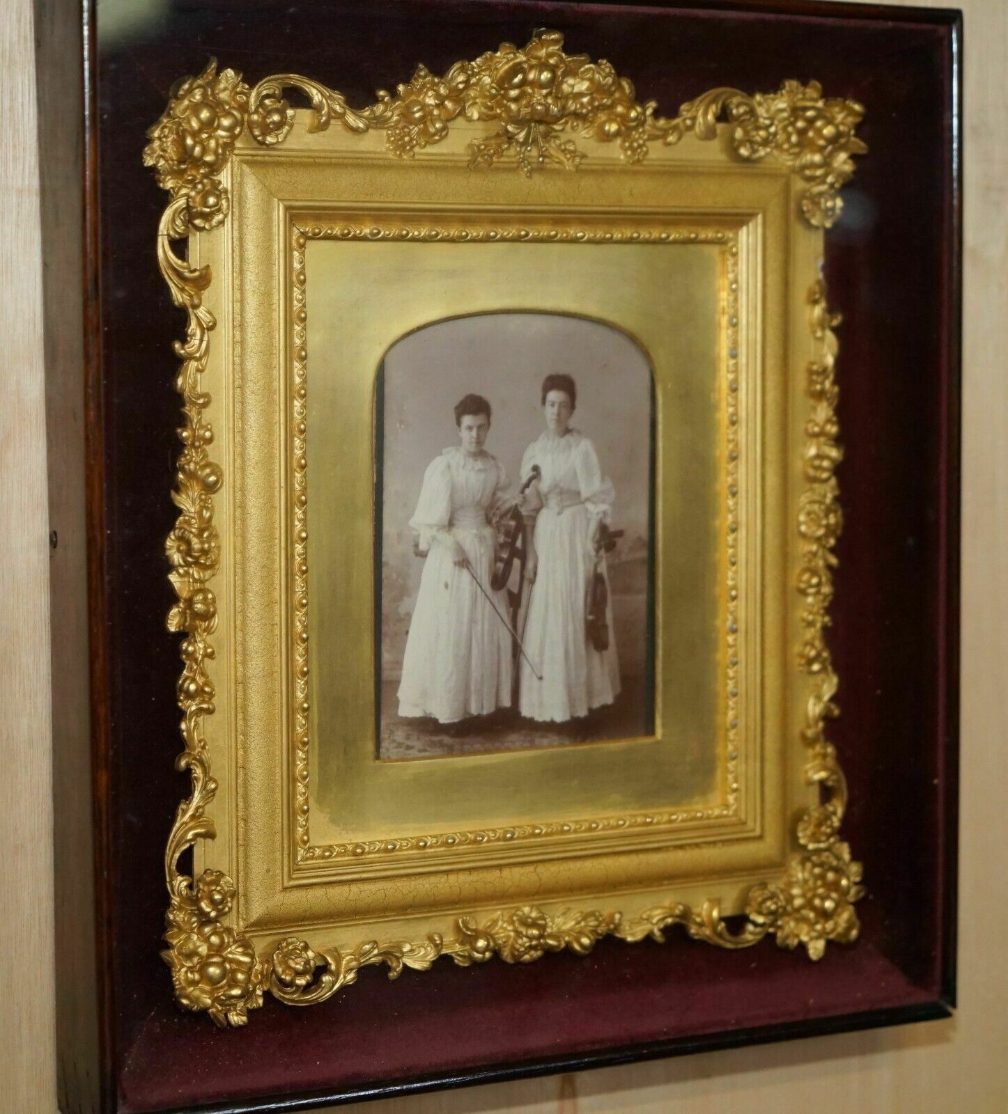Antique Victorian Violinists Photo & Period Frame Cased Inside Display Case photo furniture