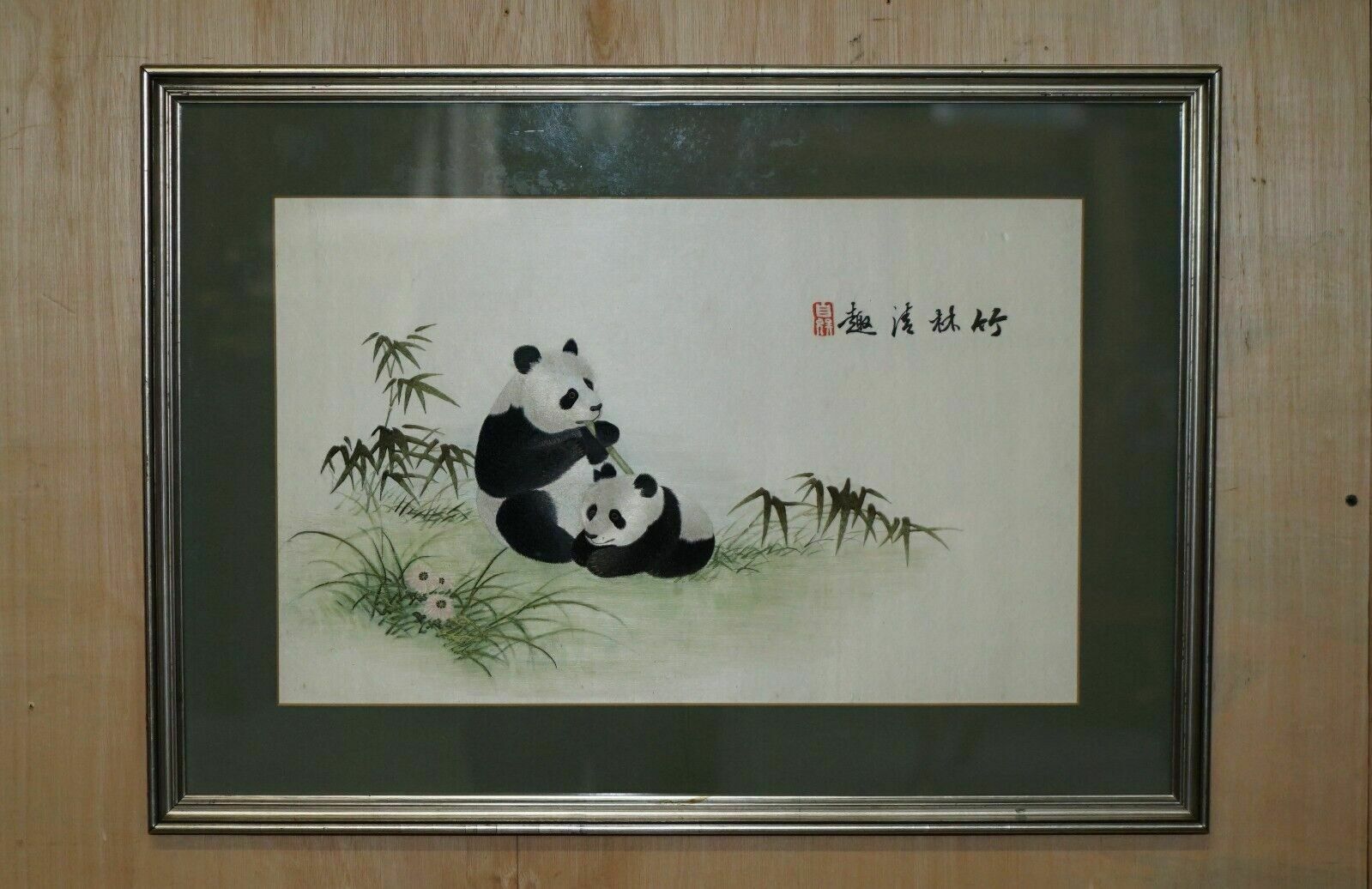 Vintage Chinese Silk Embroidered Tapestry Depicting Pandas Having Fun In Forest