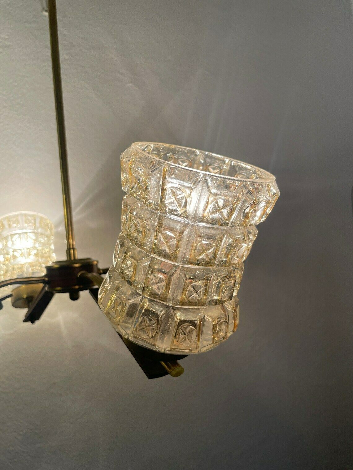 Mid Century 4 Arm Atomic Brass Wood Glass Pendant Lamp Vintage Lamp  Space Age Lamp  Made In Yugoslavia photo vinterior