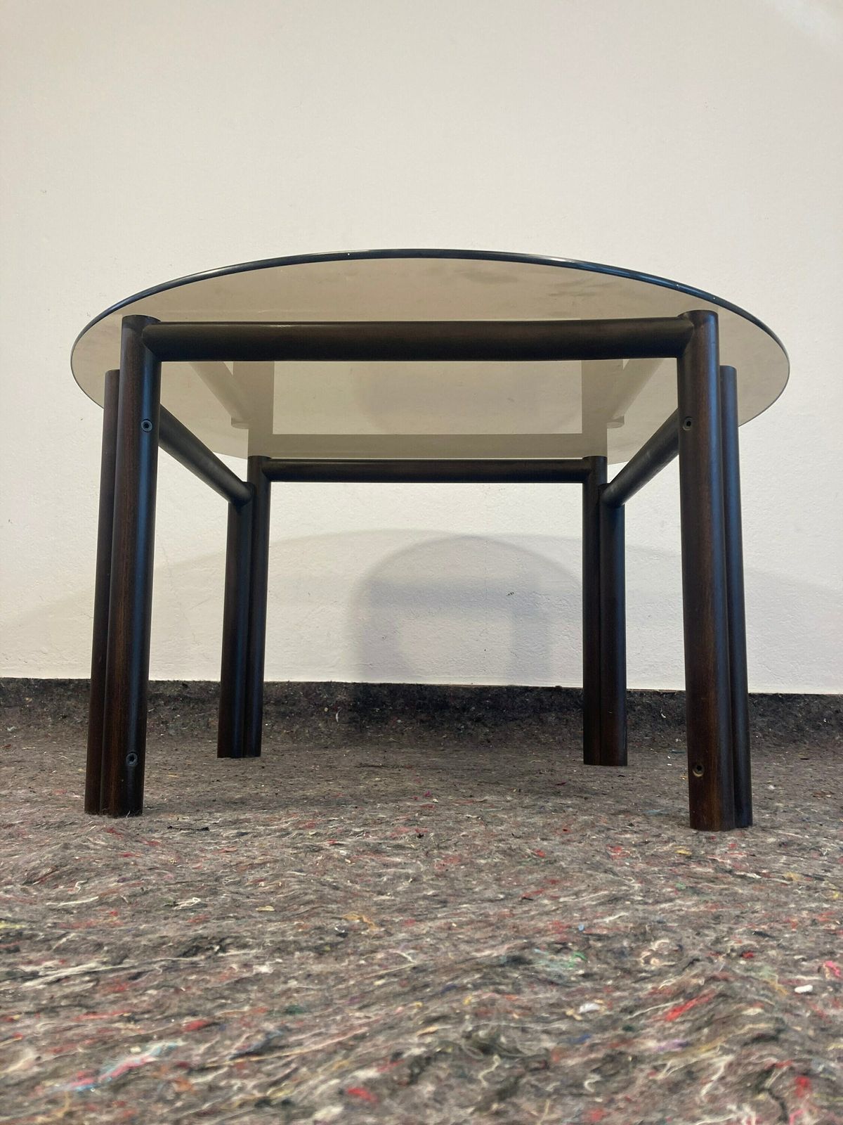 photo furniture Rare Mid Century Coffee Table / Vintage Furniture /Retro Table /Living Room Table /Pop Art/Wood Smoked Glass / White/Round Table / Furniture