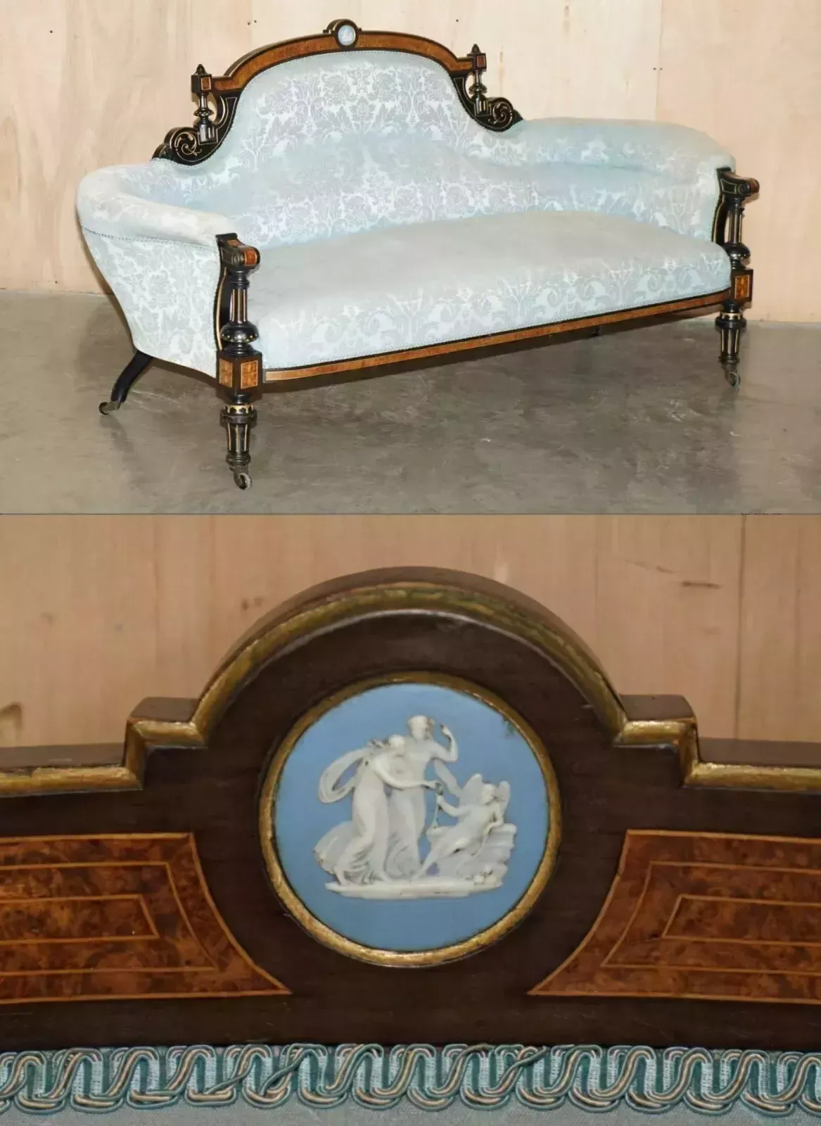 Exquisite Antique Burr Walnut Aesthetic Movement Salon Sofa Grand Tour Plaque