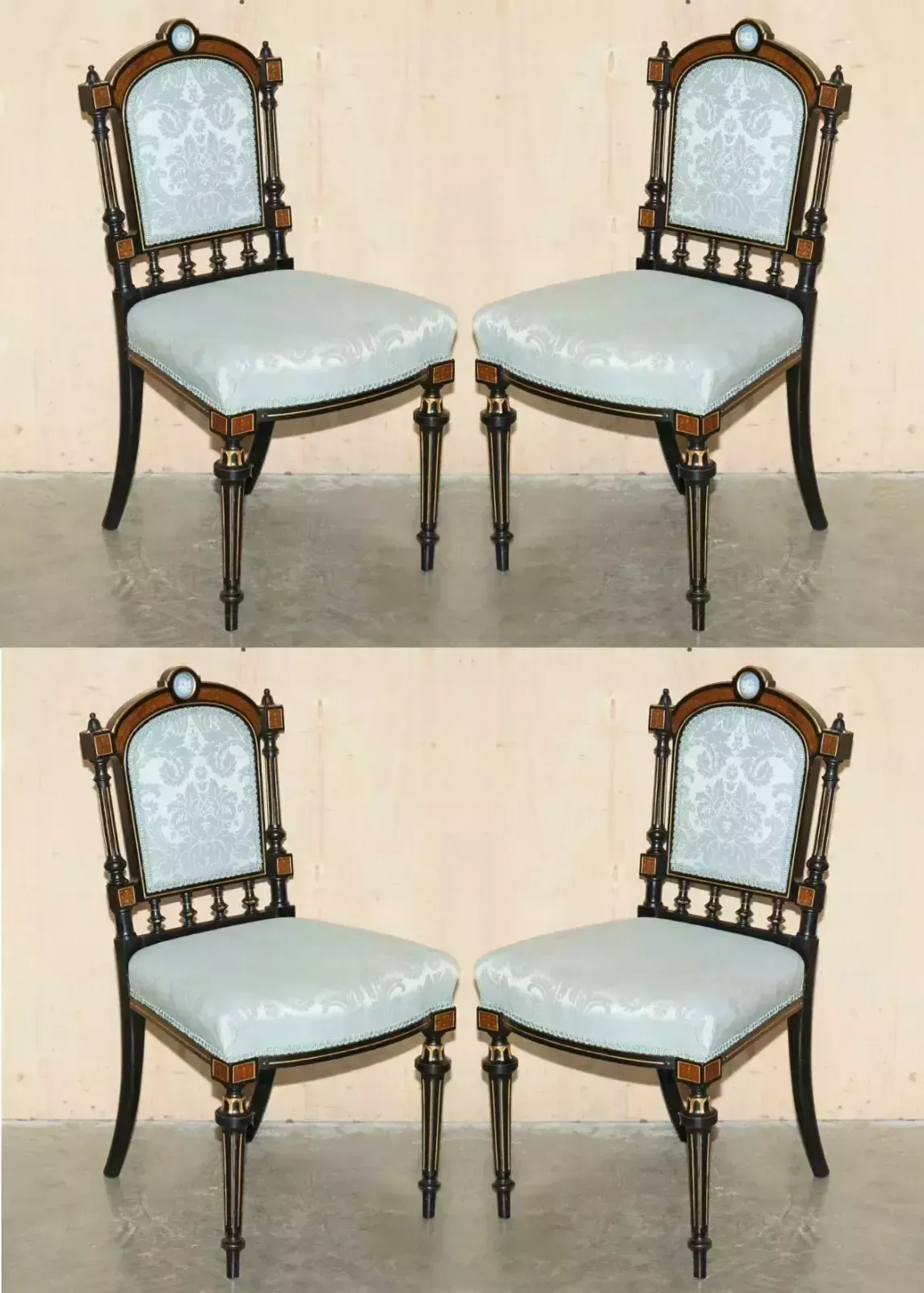 Four Fine Burr Walnut Aesthetic Movement Dining Chairs With Grand Tour Plaques