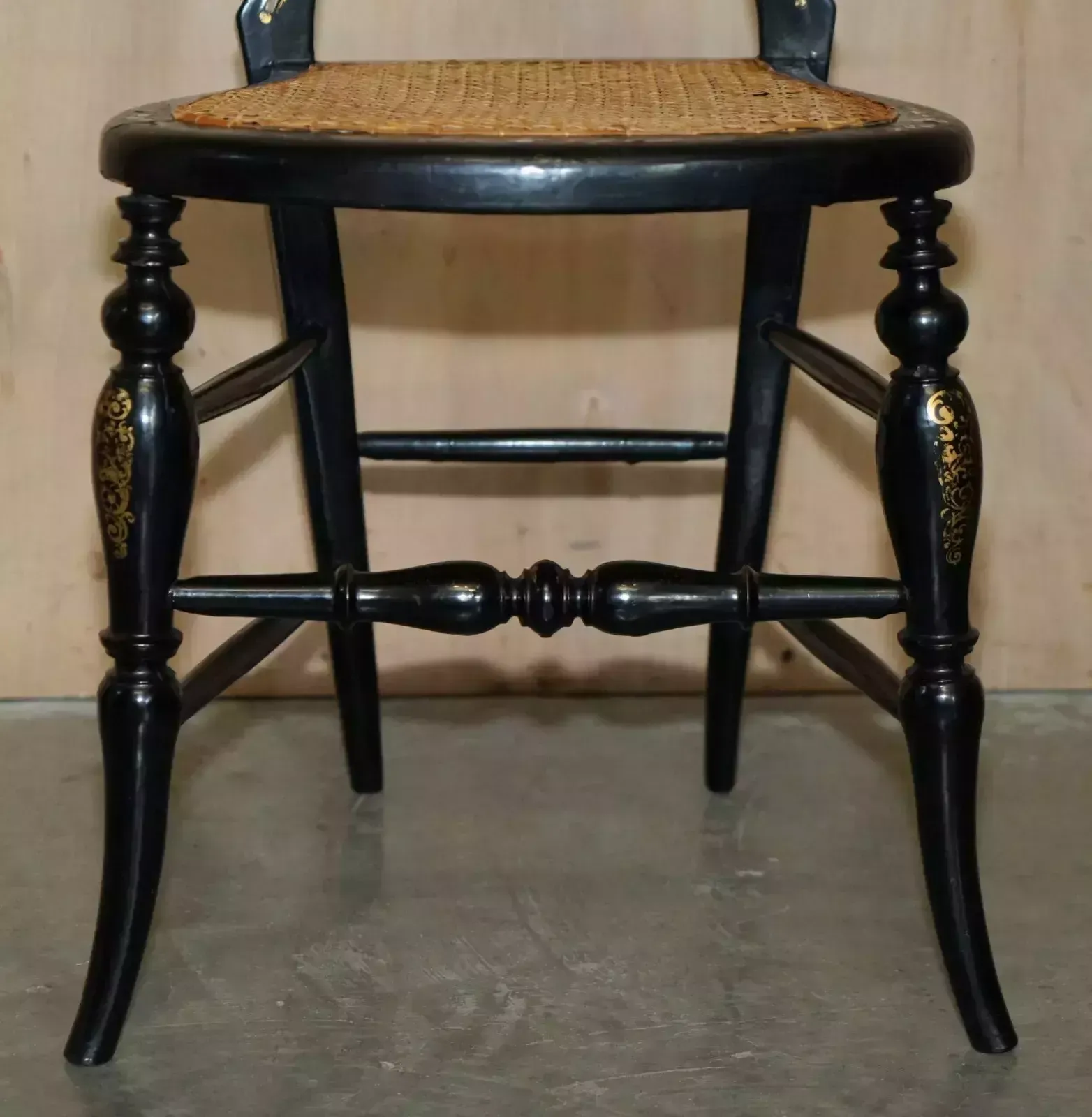 Furniture Four Fine And Antique Regency Bergere Mother Of Pearl Ebonised Side Chairs photo