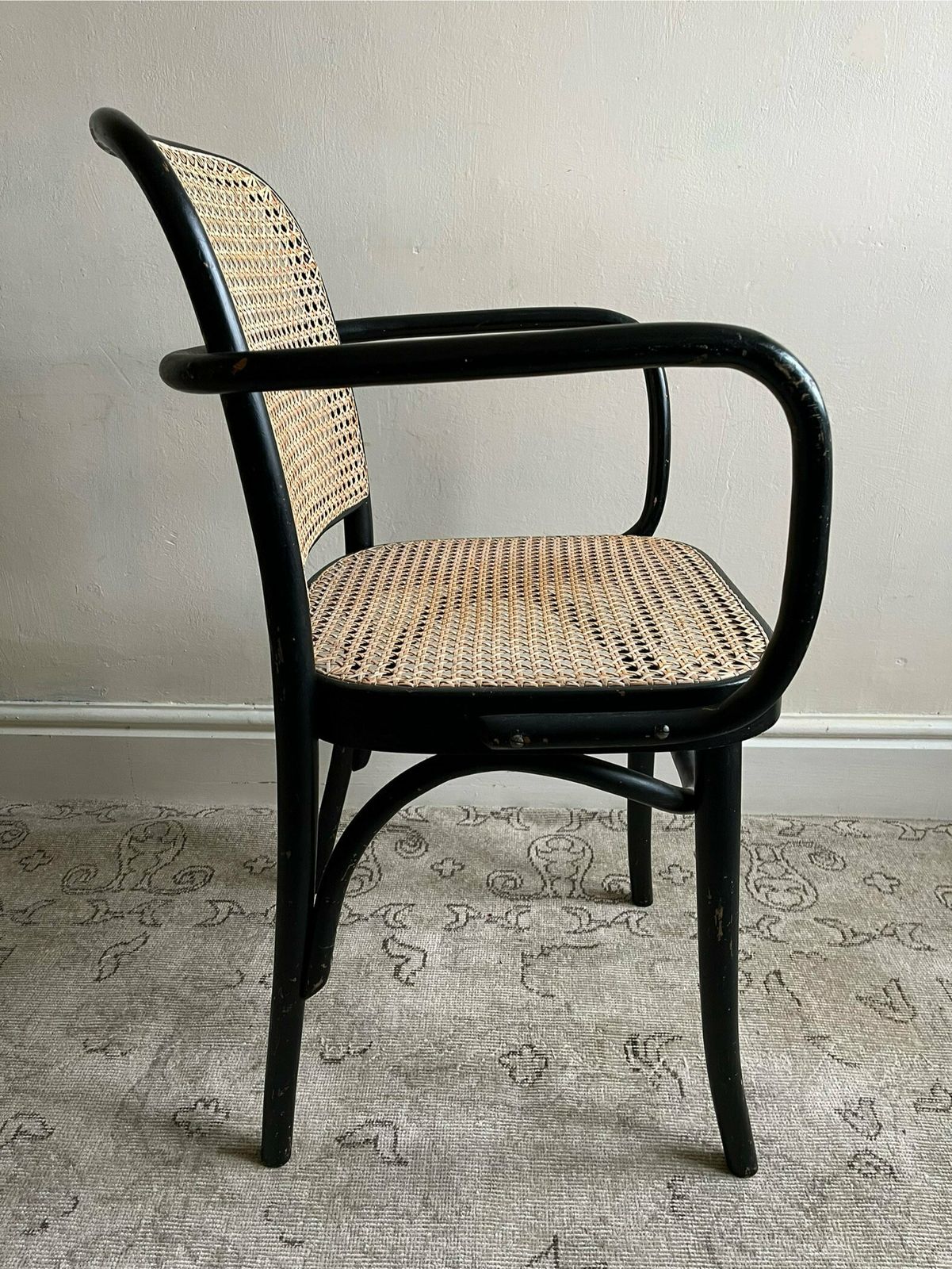 Josef Frank Prague 811 Side Dining Chair For Thonet In Black Lacquered Bentwood With Cane Seat Panel, Pair Of Vintage Prague Chairs Available photo vinterior