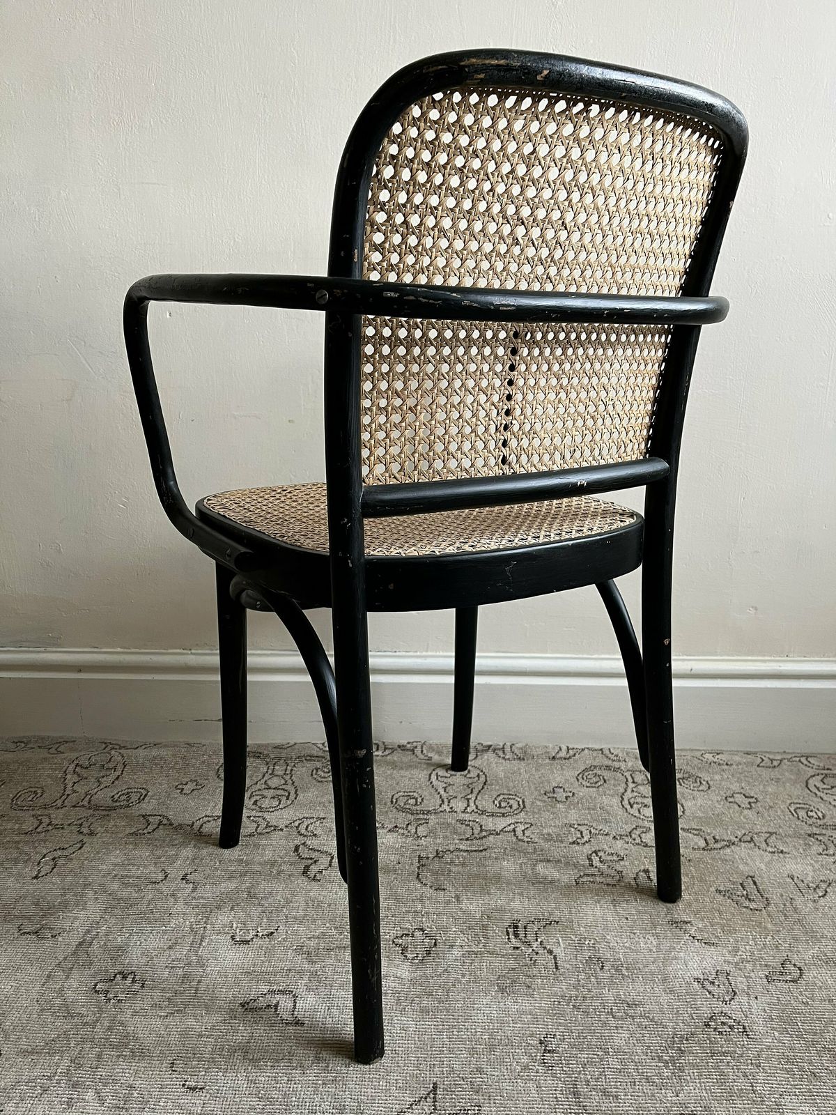 Josef Frank Prague 811 Side Dining Chair For Thonet In Black Lacquered Bentwood With Cane Seat Panel, Pair Of Vintage Prague Chairs Available photo buy