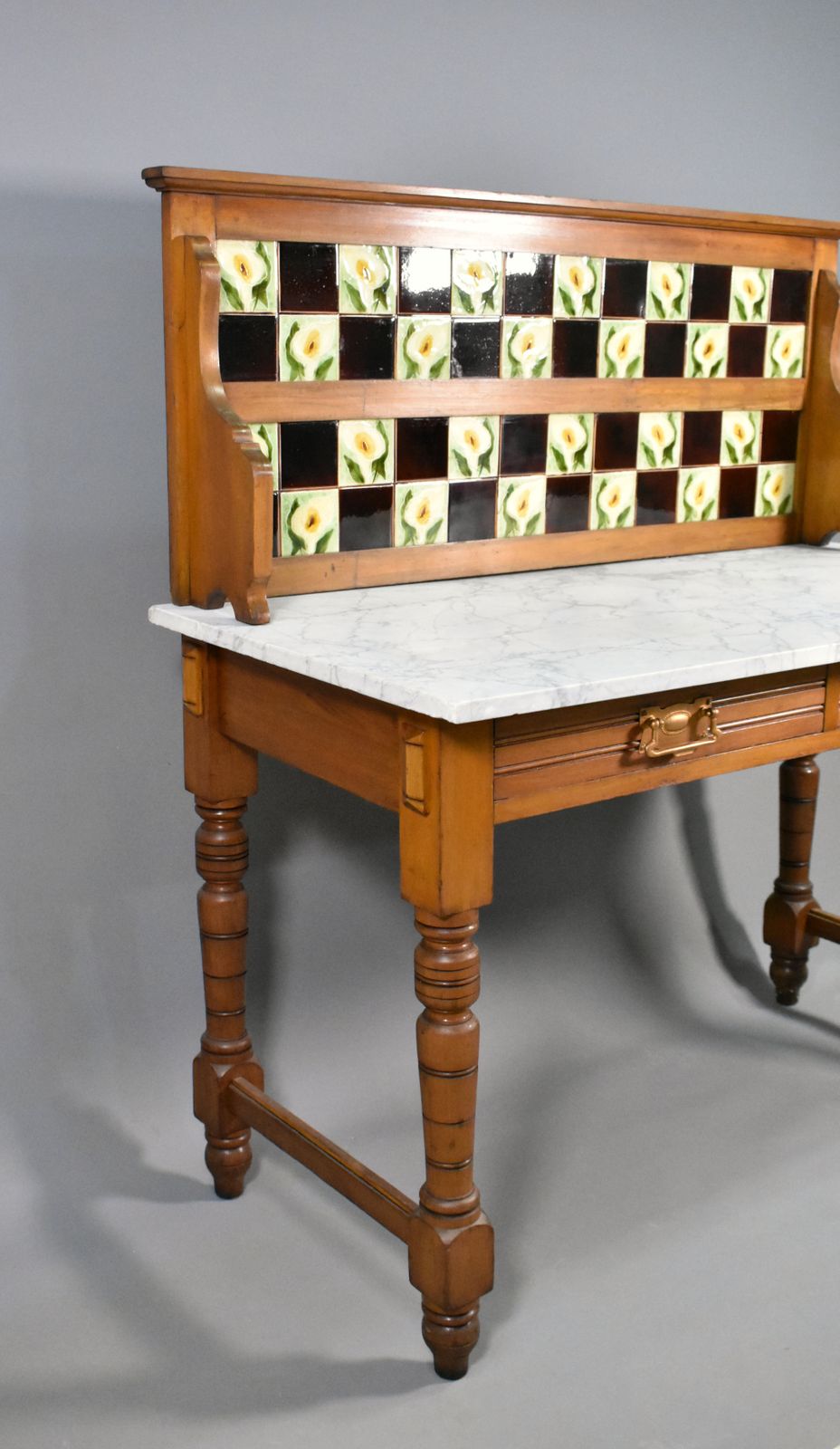 photo for sale English Edwardian Tile Back Marble Top Washstand In Birch