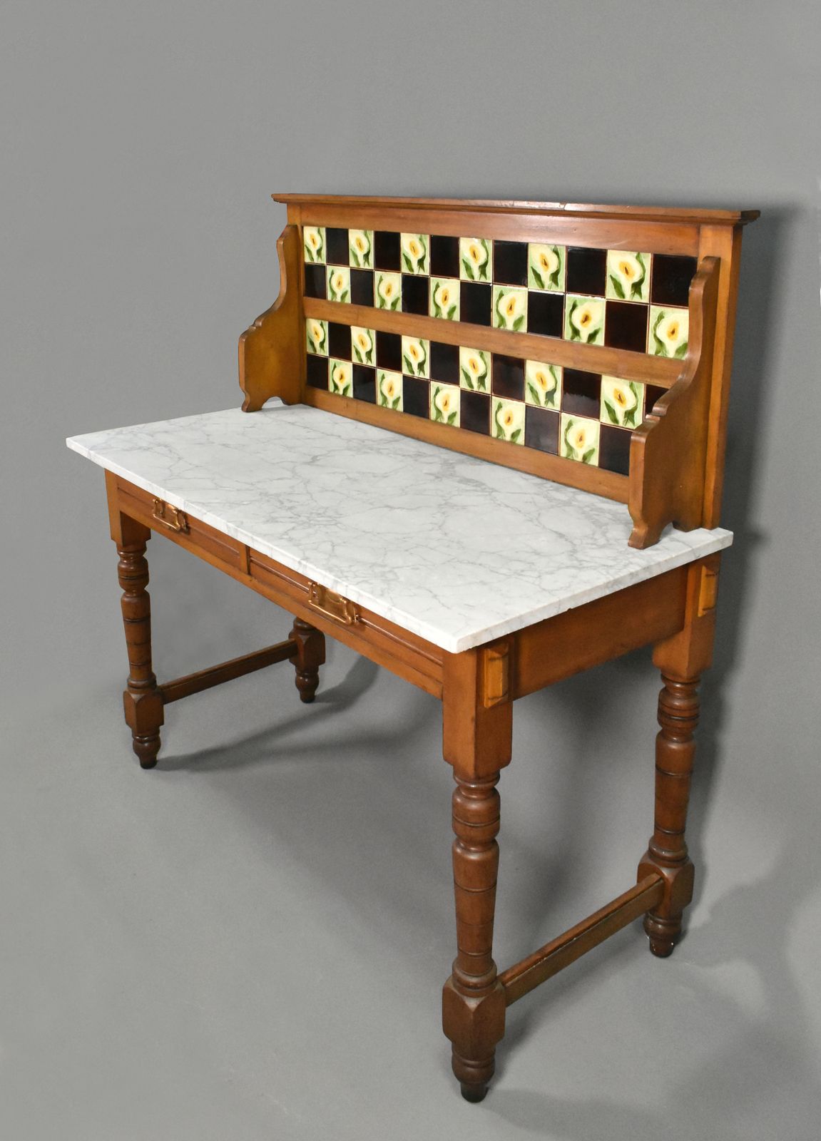 English Edwardian Tile Back Marble Top Washstand In Birch photo for sale