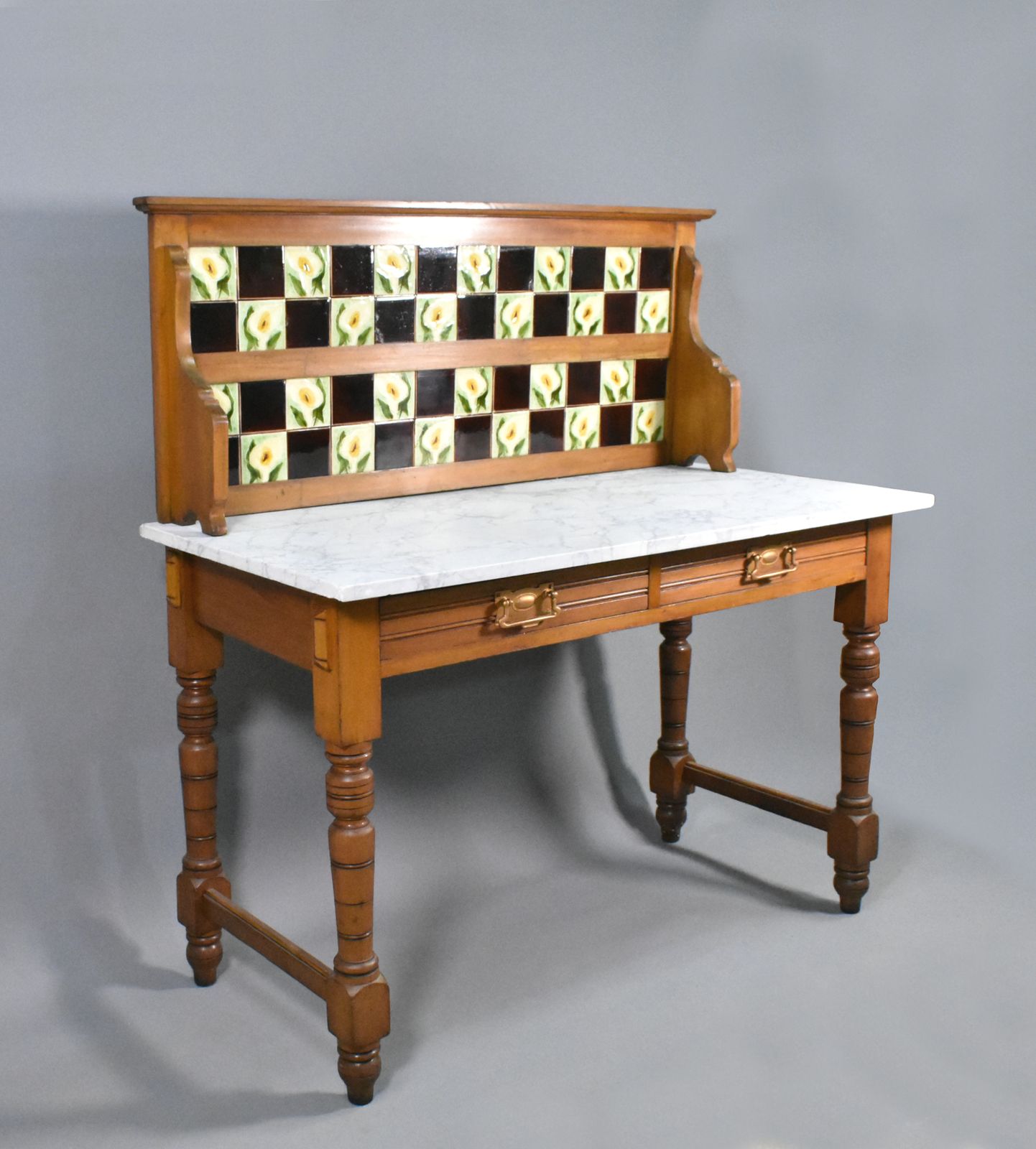 English Edwardian Tile Back Marble Top Washstand In Birch photo furniture