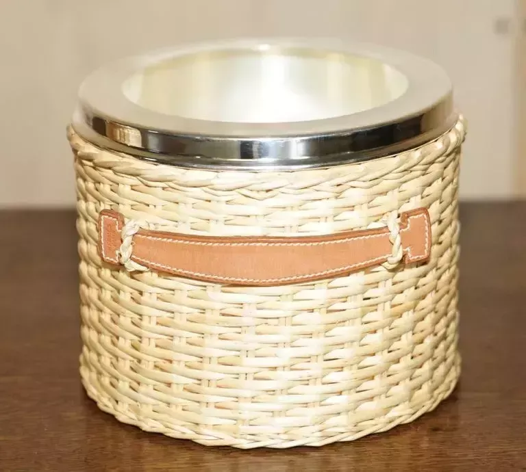 Pair Of Hermes Kelly Wicker & Brown Leather Picnic Champagne Buckets Part Suite photo Home Decor