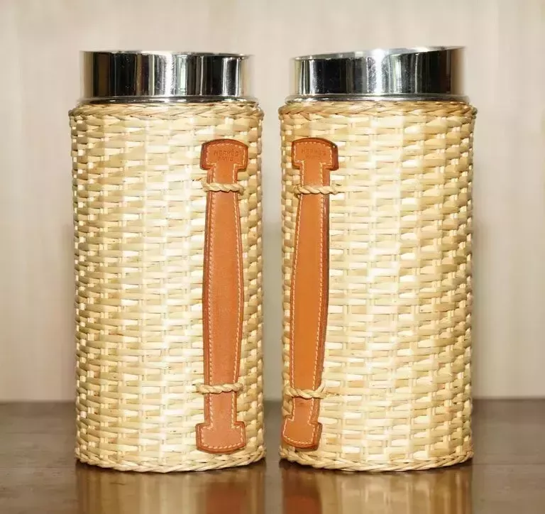 Pair Of Hermes Kelly Wicker & Brown Leather Picnic Pitcher Jugs Part Of Suite