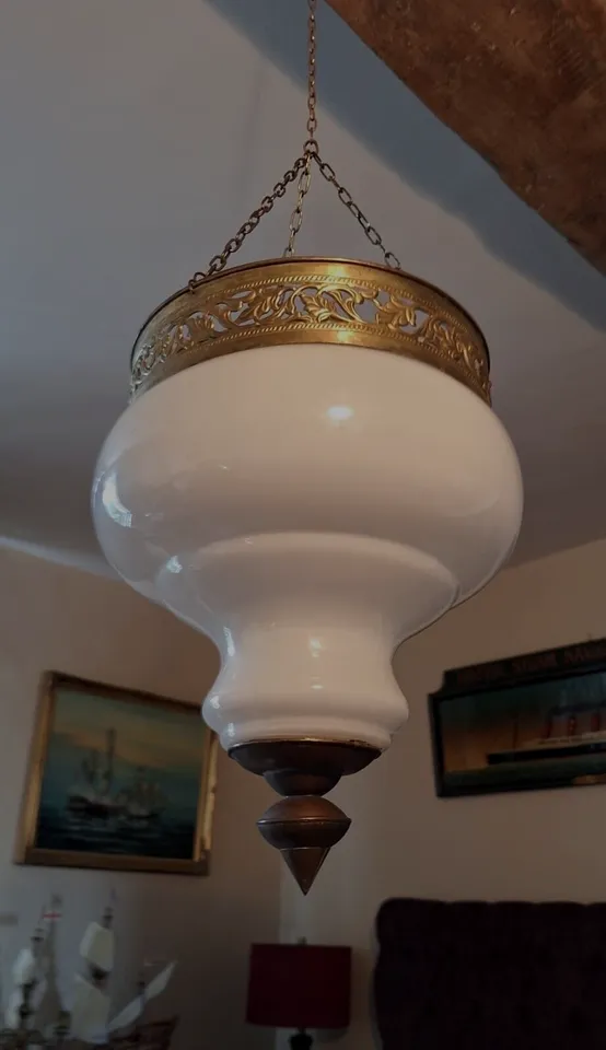 Antique Asian Colonial White Glass & Brass Candle Lantern Cloche Pendant Shade