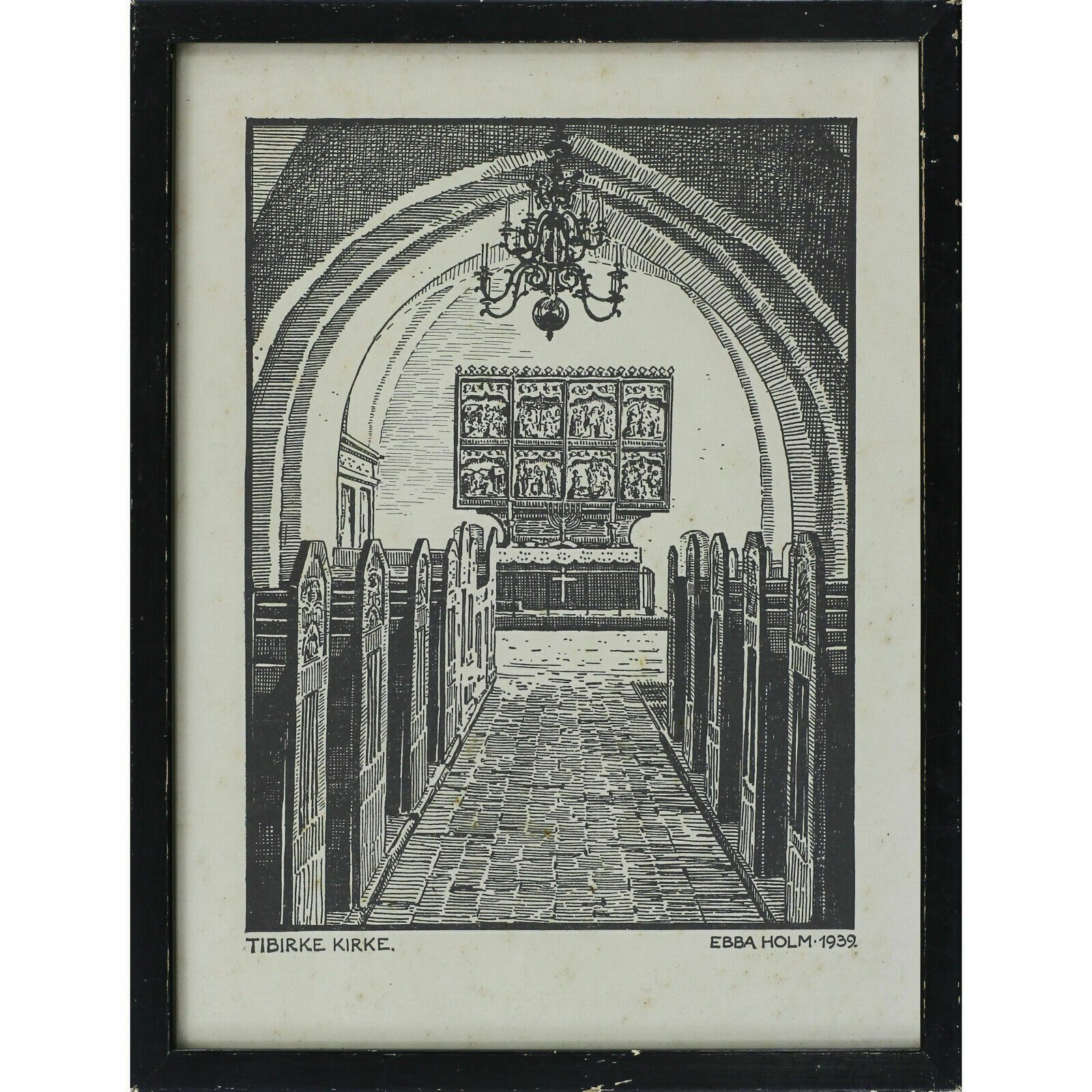 Woodcut Engraving By Ebba Holm. Tibirke Kirke