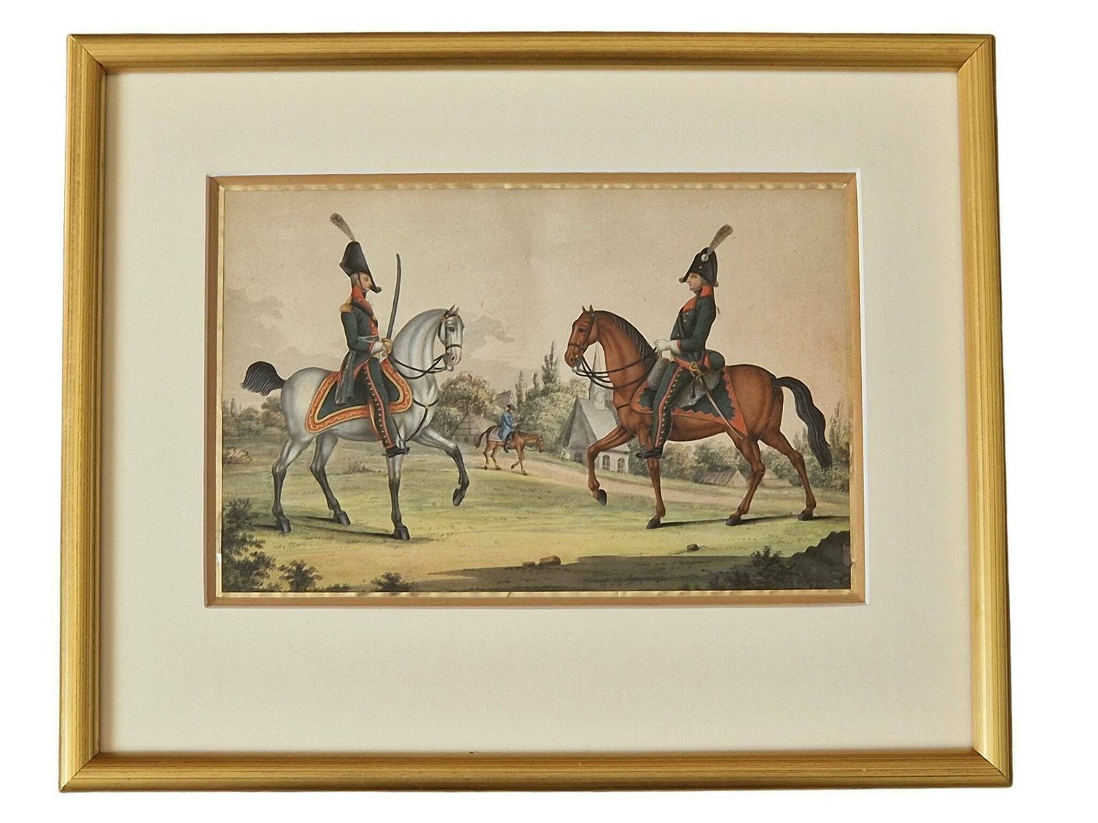 Antique Military Equestrian Gouache Painting, Soldiers In Uniform And Horse Art photo for sale