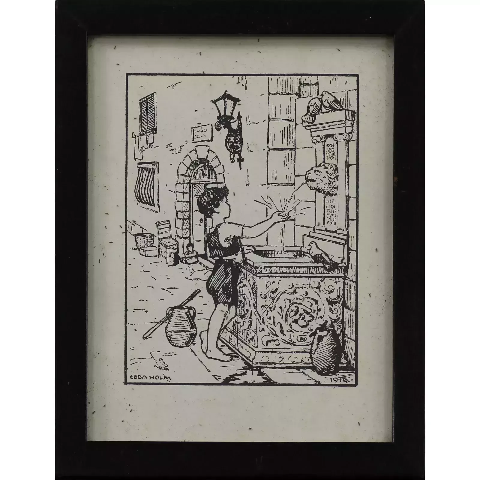 Woodcut Engraving By Ebba Holm. Boy At Water Fountain