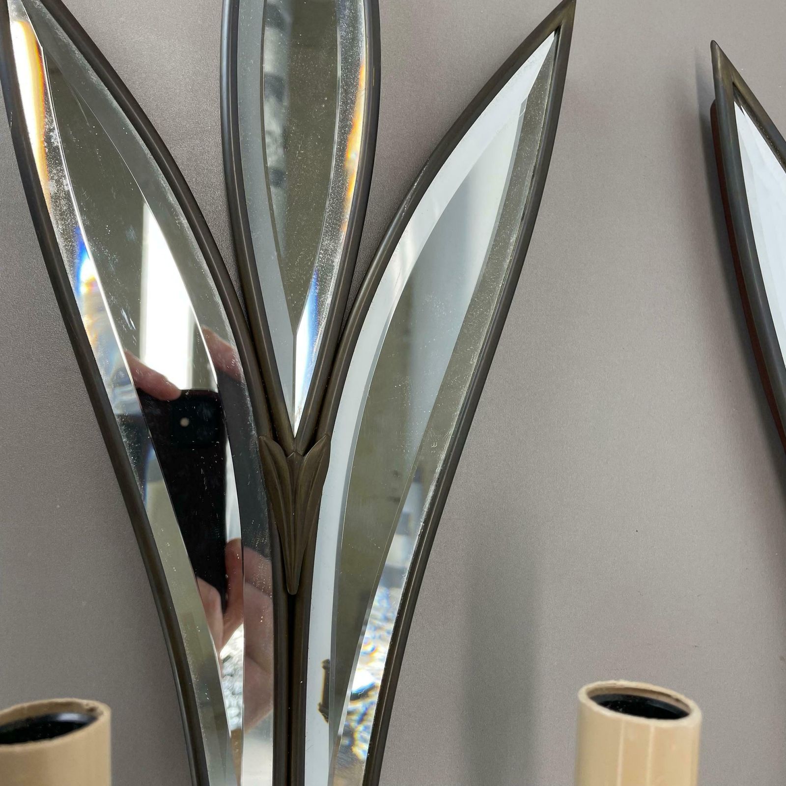 photo for sale Set Of Two Xxl 56cm Floral Mirror And Bronze Theatre Wall Light, France 1970 No1