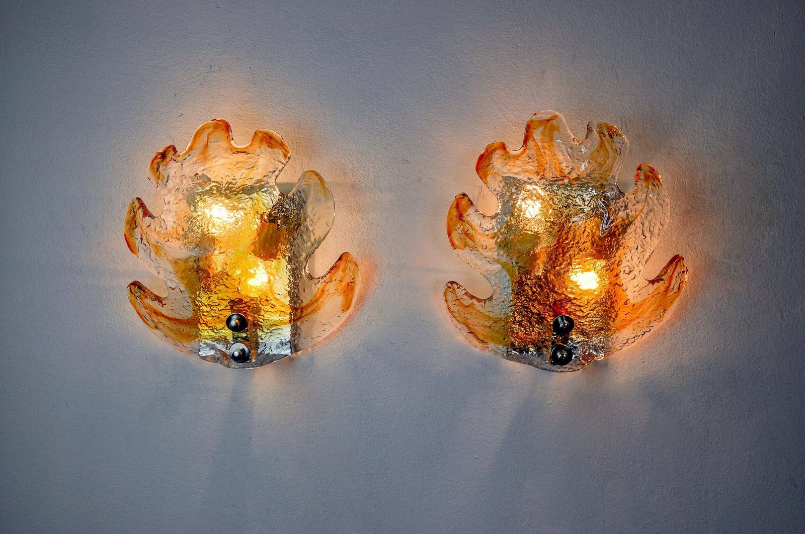 Pair Of "Leaf" Wall Lights By Murano Mazzega In Orange Frosted Glass Italy 1970 photo furniture