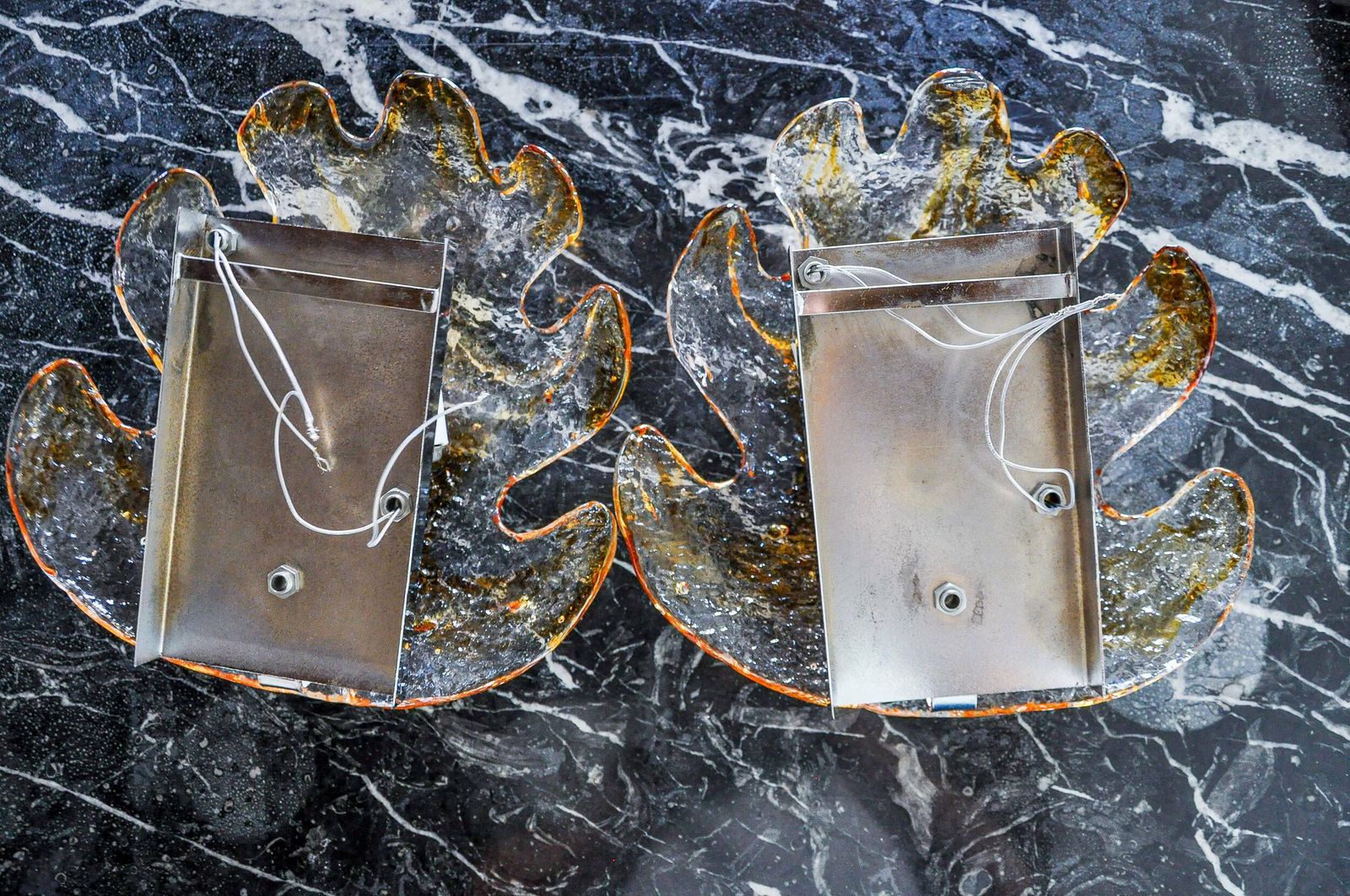 Pair Of "Leaf" Wall Lights By Murano Mazzega In Orange Frosted Glass Italy 1970 photo buy