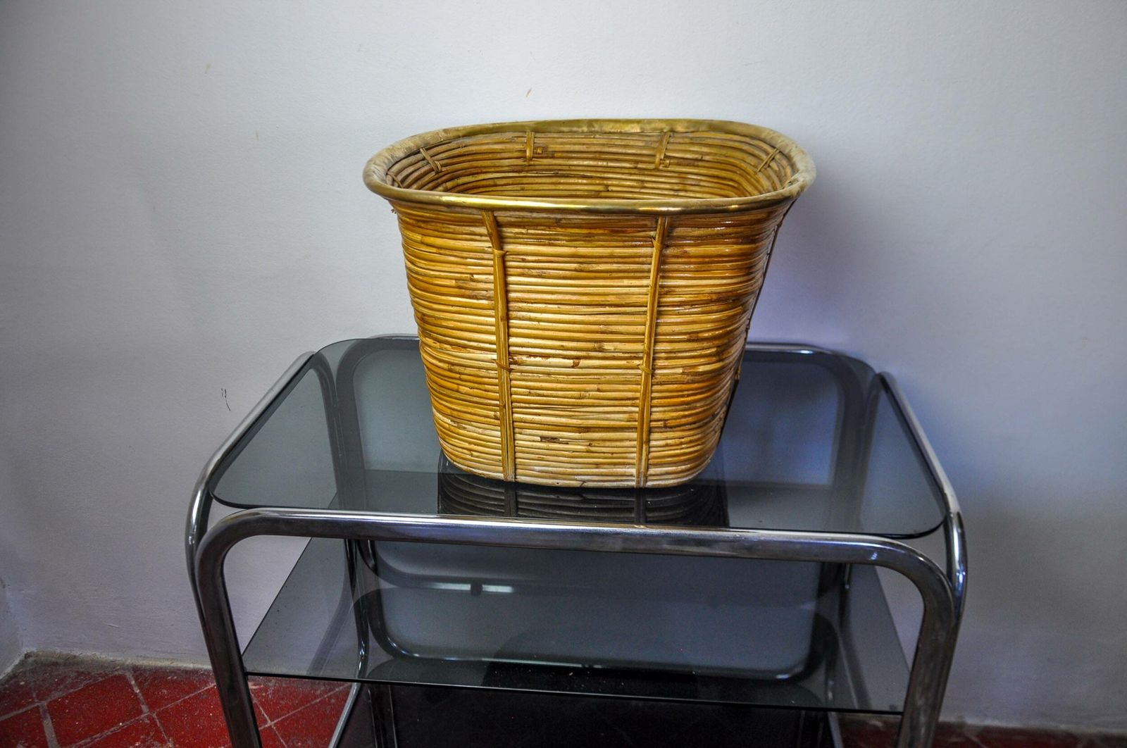 Xl Basket In Rattan And Brass, Italy, 1970, 44cm Diam photo furniture