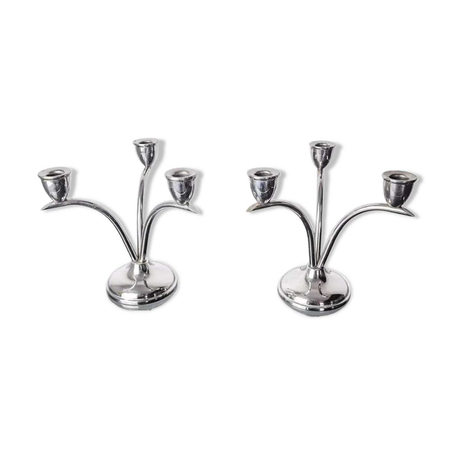 Pair Of Art Deco Stainless Steel 3 Flame Candle Holders, Spain, 1970