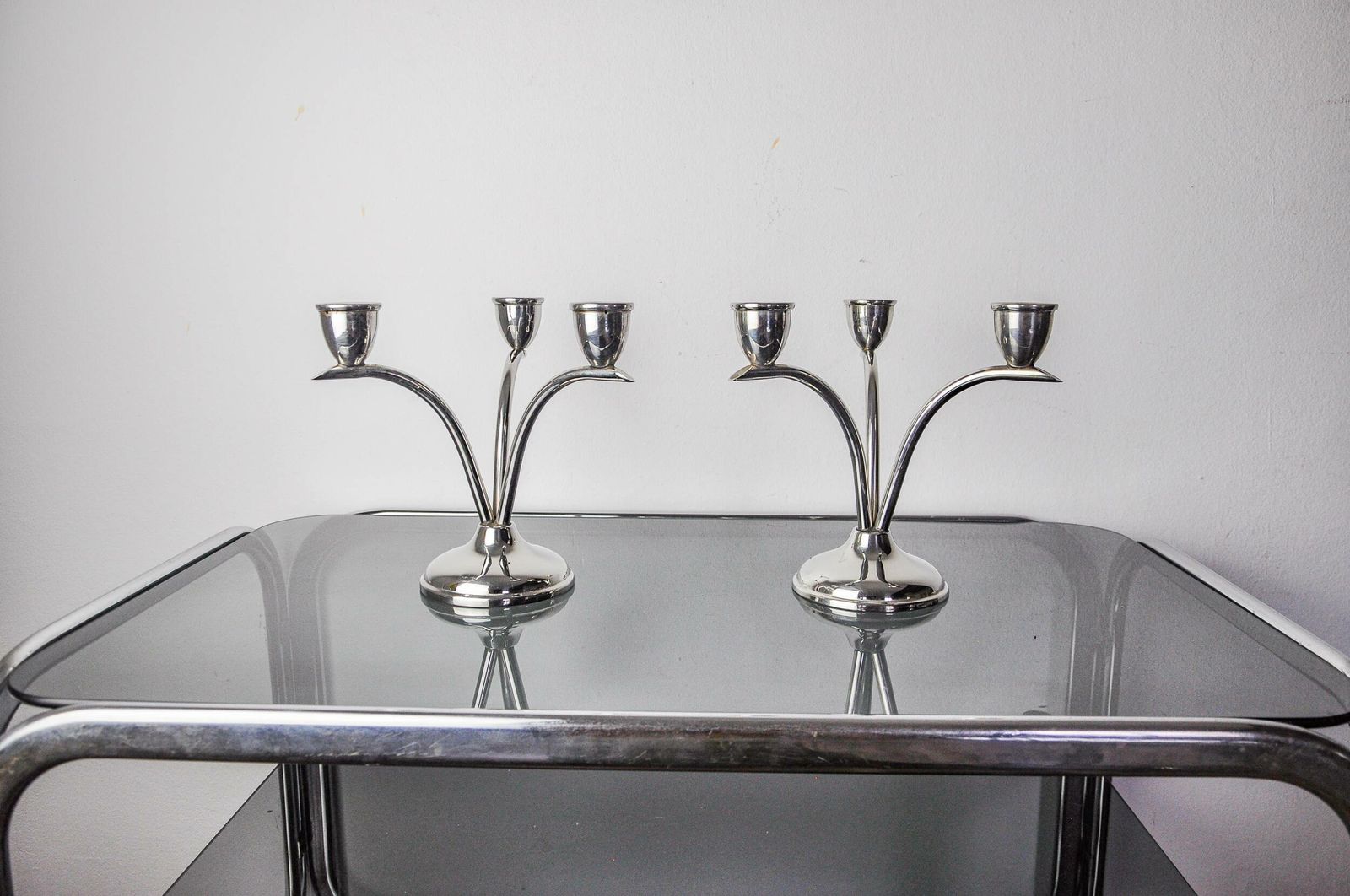 Pair Of Art Deco Stainless Steel 3 Flame Candle Holders, Spain, 1970 photo for sale