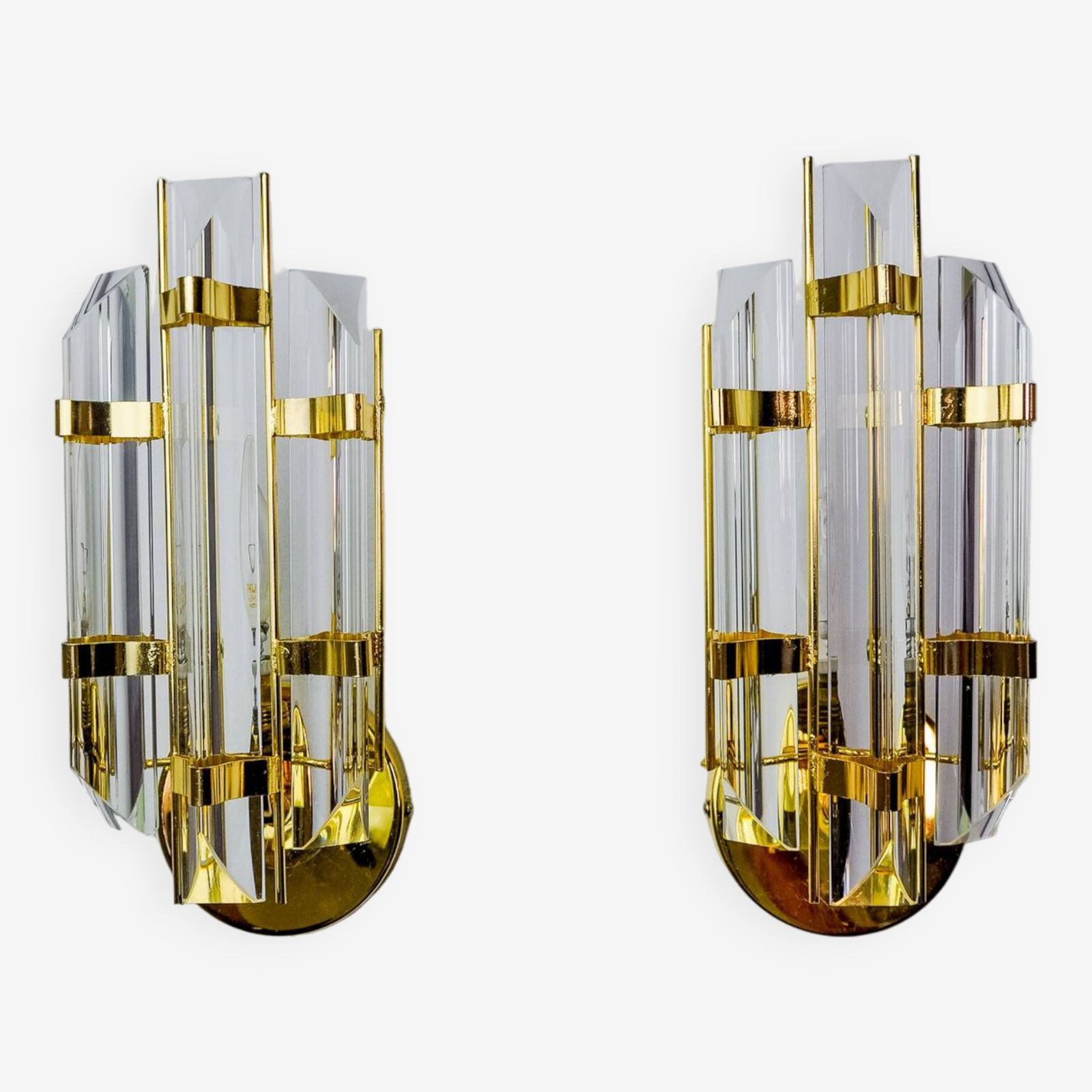 Pair Of Venini Wall Lights, Triedri Glass, Murano, Italy 1970