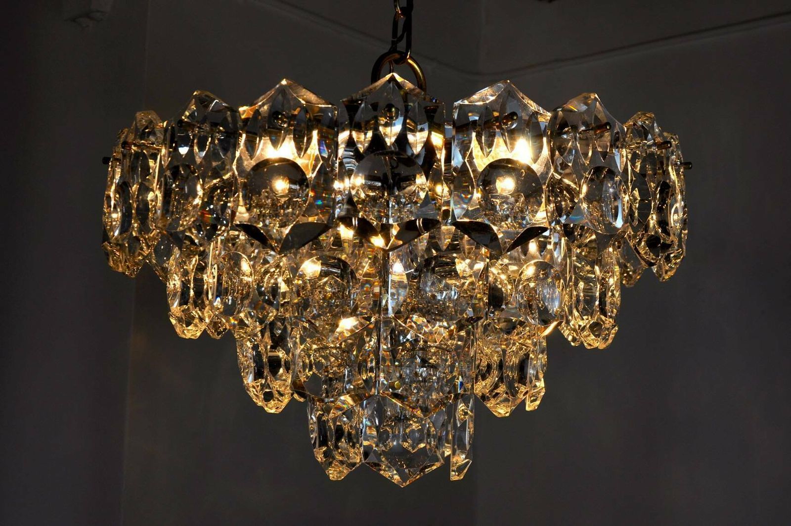 Kinkeldey Golden Chandelier, Cut Glass, 4 Levels, Germany, 1970 photo vinterior