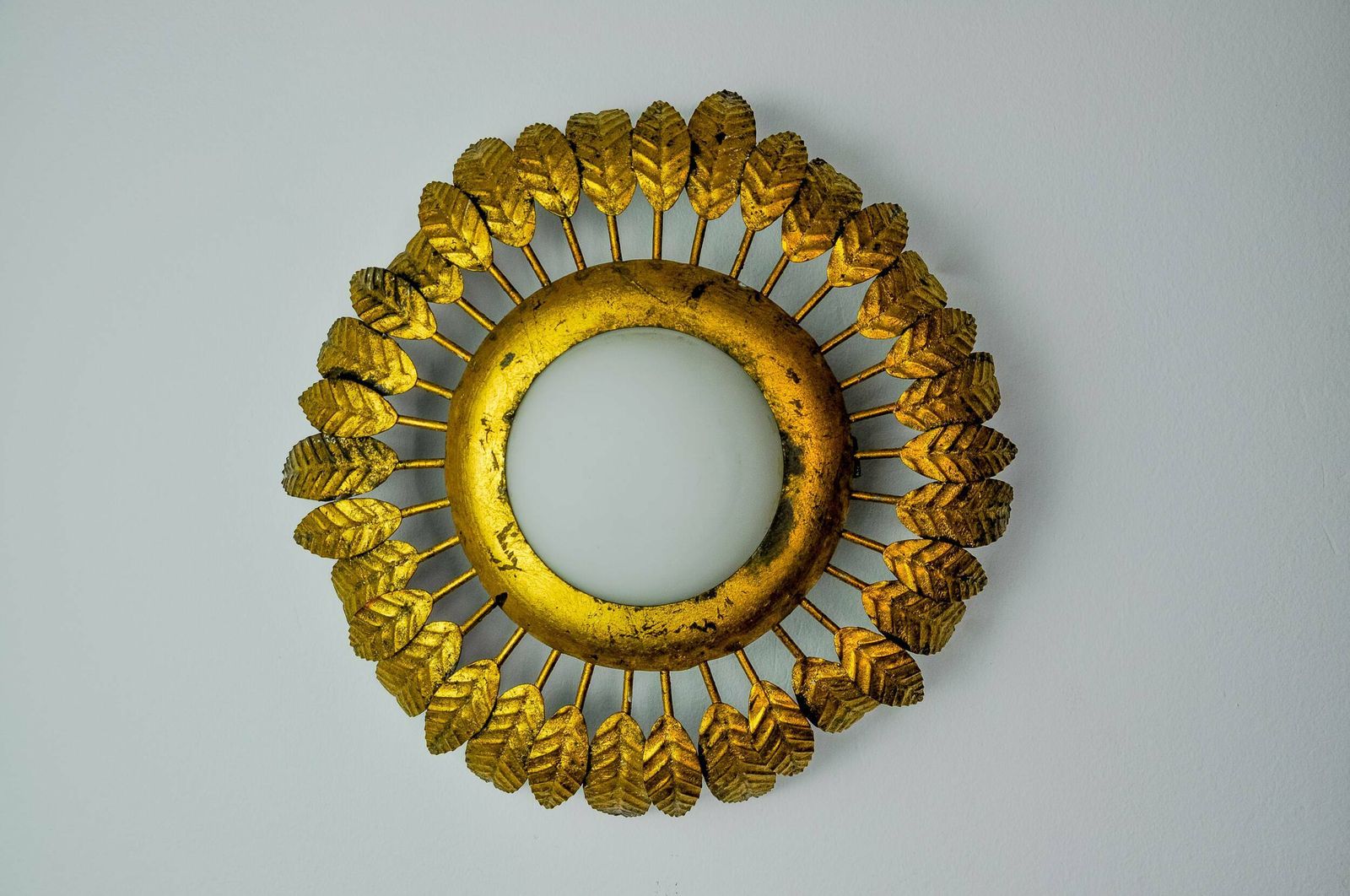 Sun Wall Lamp By Ferro Arte In Metal, Gold Leaf And Opaline Glass, Spain, 1960 photo for sale