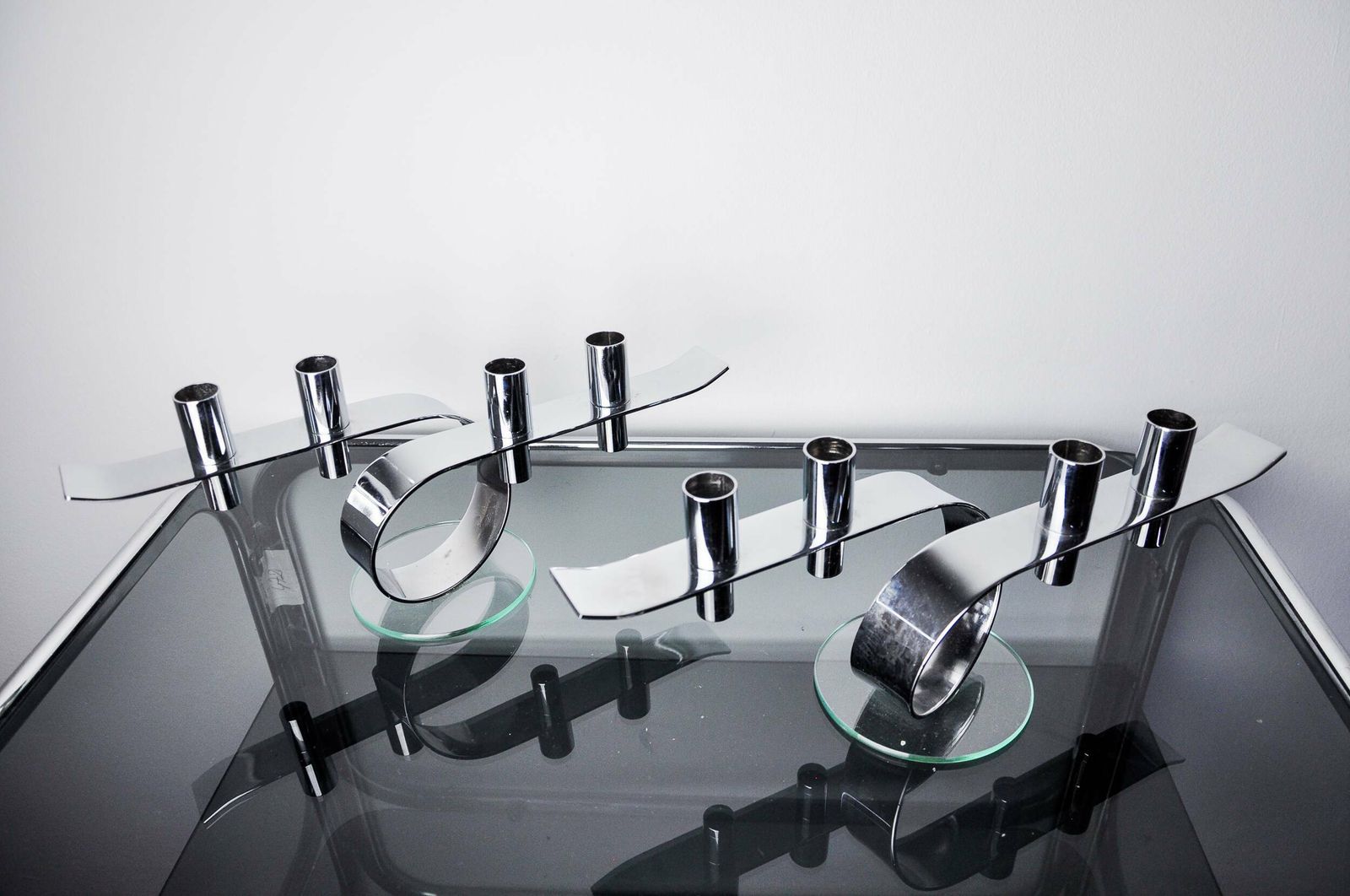 Pair Of Space Age 4 Flame Candlesticks, Glass And Metal, Germany, 1980 photo for sale