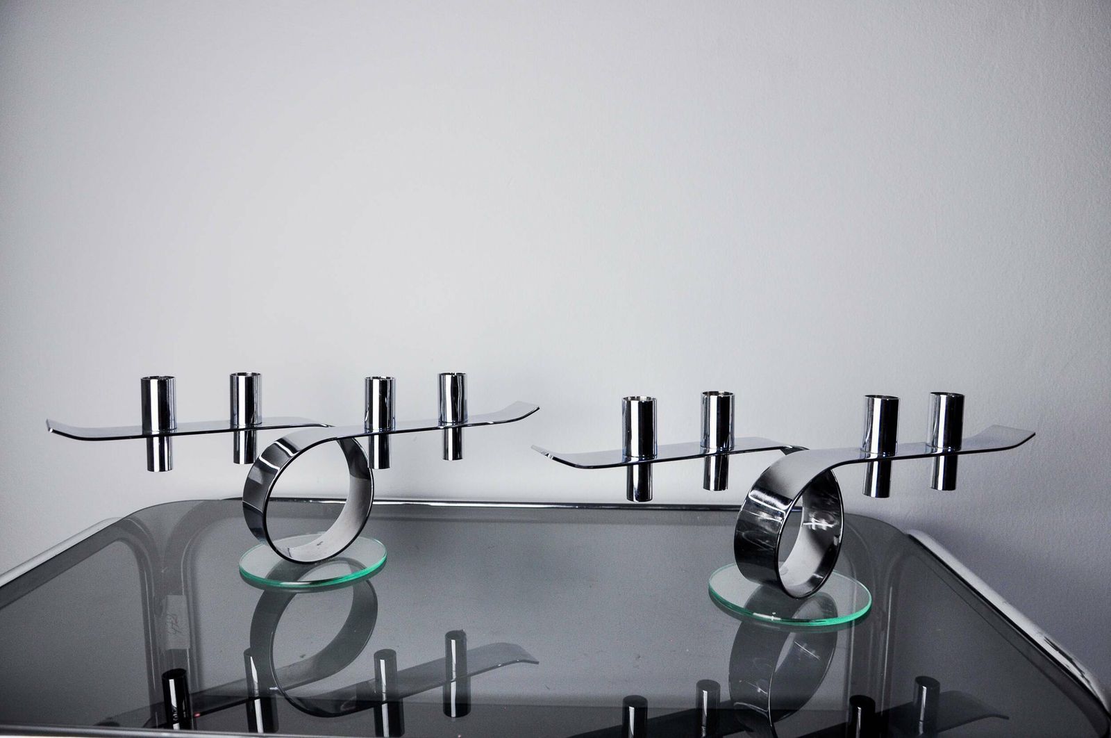 Pair Of Space Age 4 Flame Candlesticks, Glass And Metal, Germany, 1980 photo buy