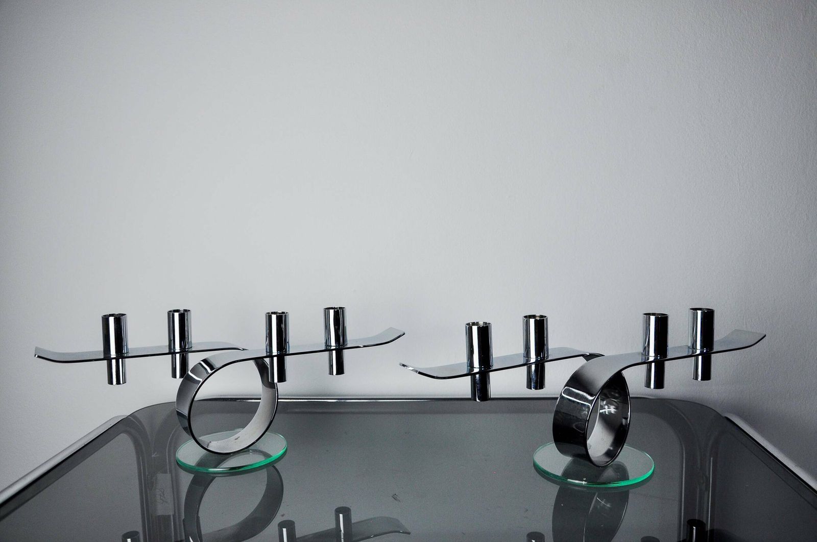 photo furniture Pair Of Space Age 4 Flame Candlesticks, Glass And Metal, Germany, 1980