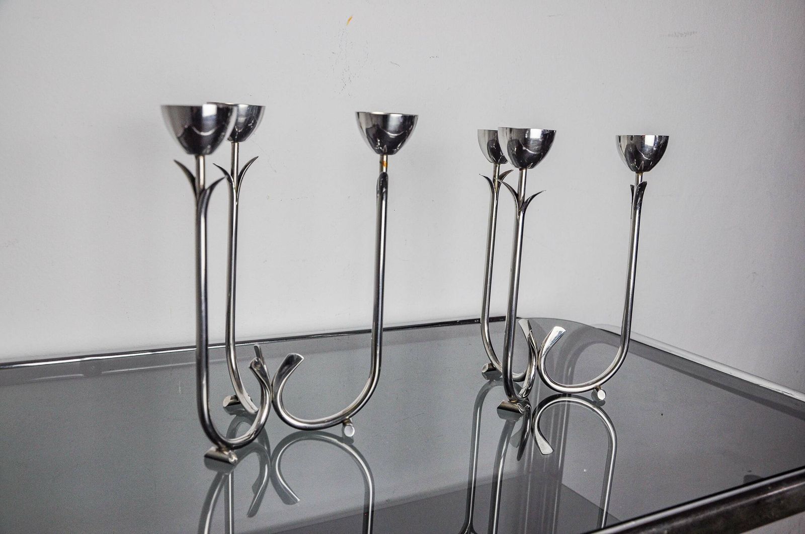 Pair Of Art Deco Stainless Steel 3 Flame Candlesticks, Spain, 1970 photo buy