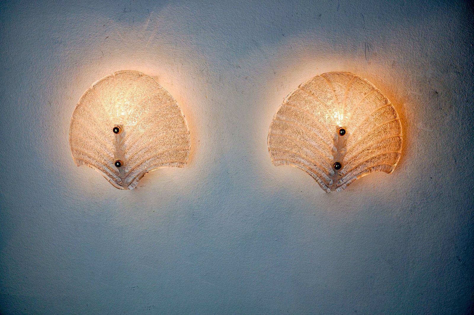 Pair Of Xl Shell Wall Lights, Frosted Murano Glass, Italy, 1980 photo 1615.0