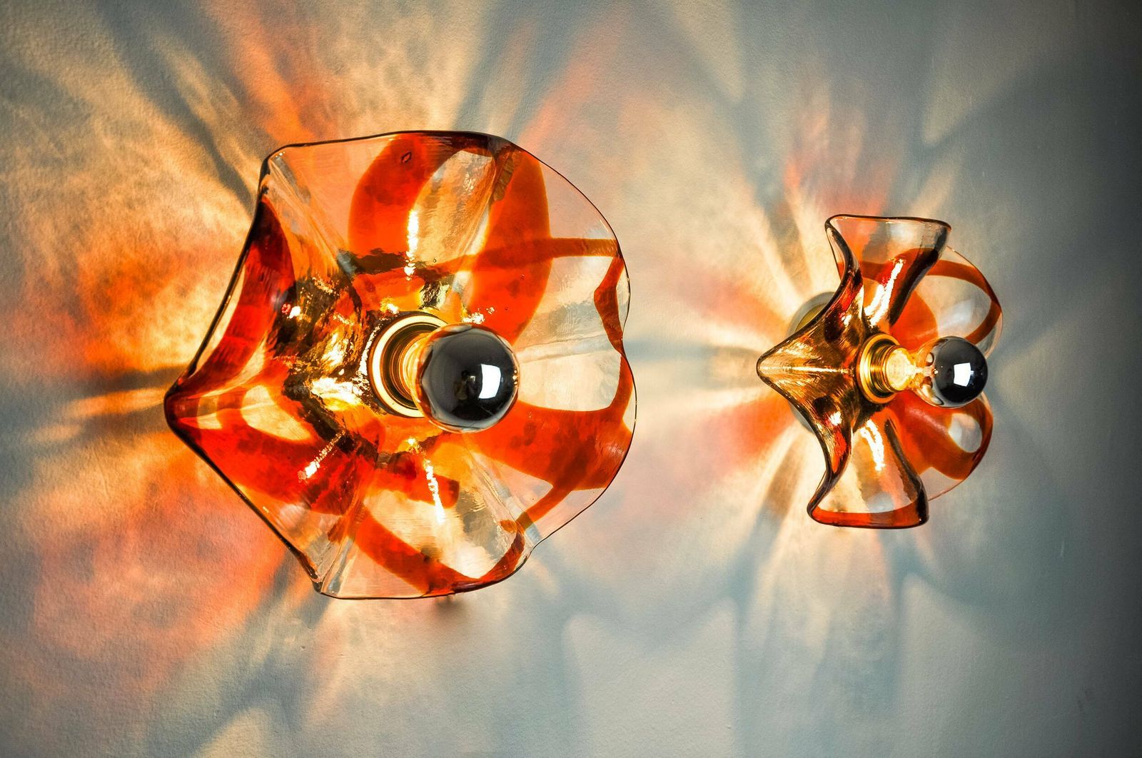 Pair Of Fleur Wall Lights By La Murina, Orange Murano Glass, Italy, 1970 photo vinterior
