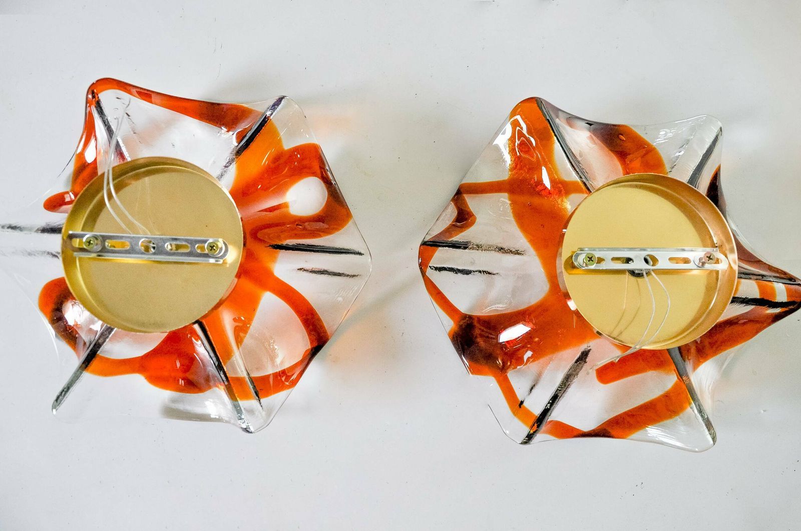 Pair Of Fleur Wall Lights By La Murina, Orange Murano Glass, Italy, 1970 photo buy