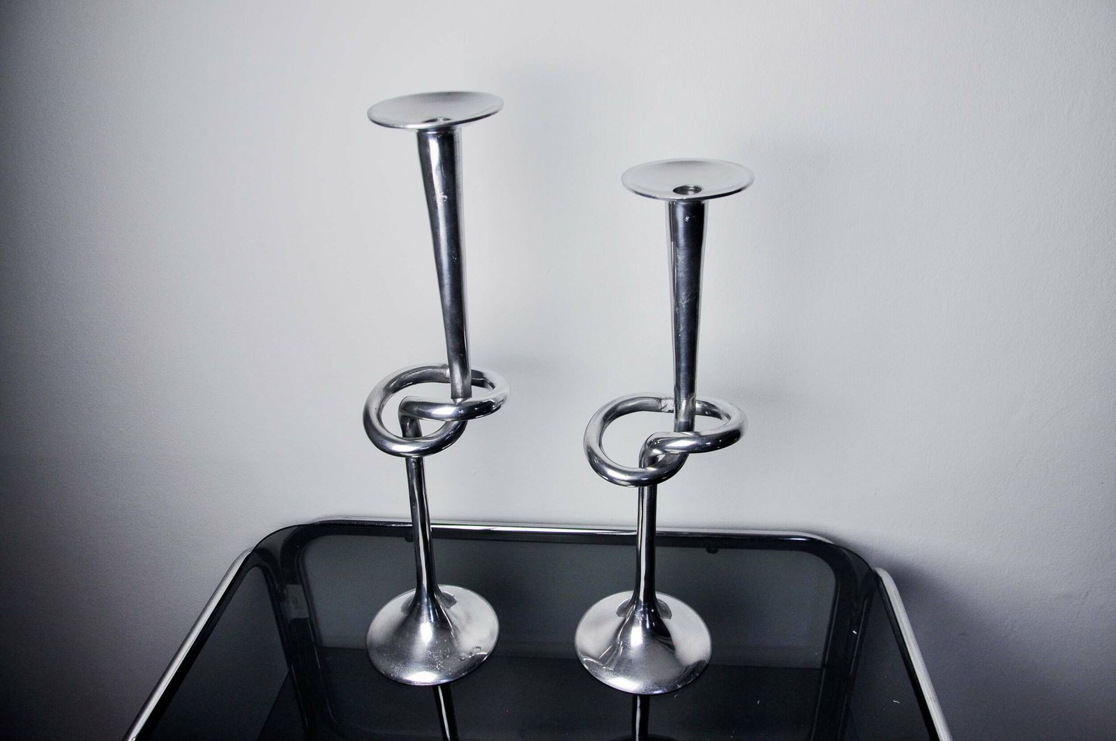Pair Of Xl Knotted Candlesticks In Aluminum, Italy, 1980 photo Home Decor