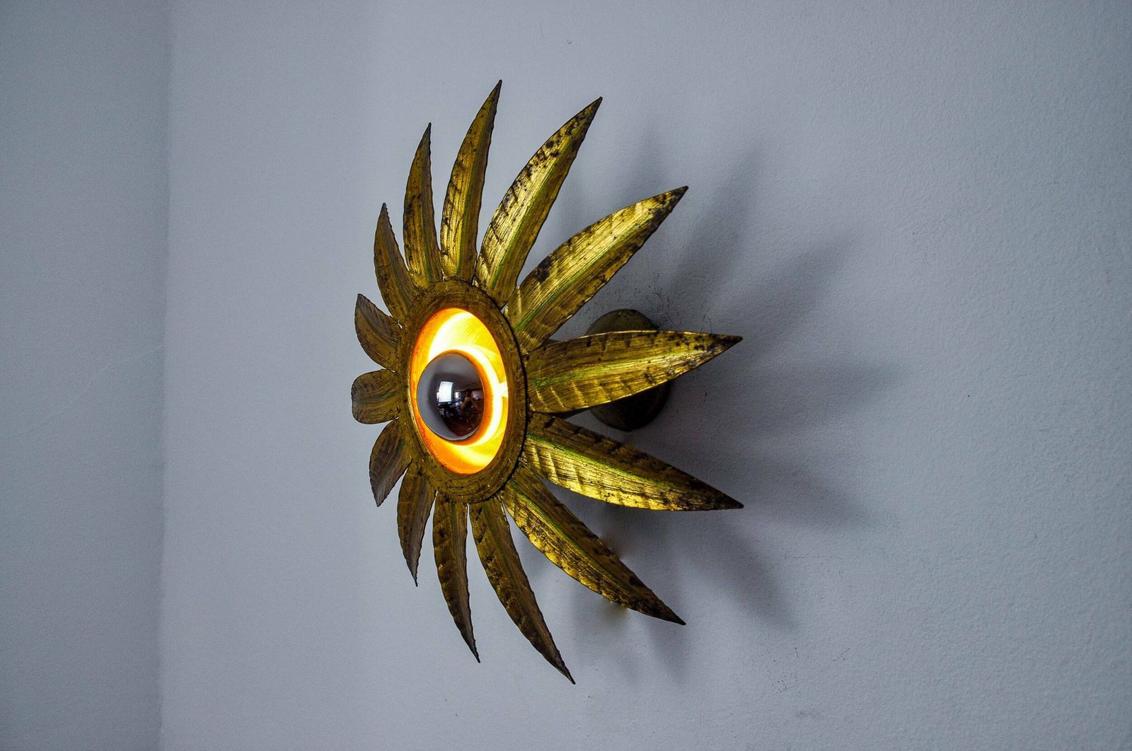 Sun Wall Lamp By Ferro Arte, Metal And Gold Leaf, Spain, 1960 photo vinterior