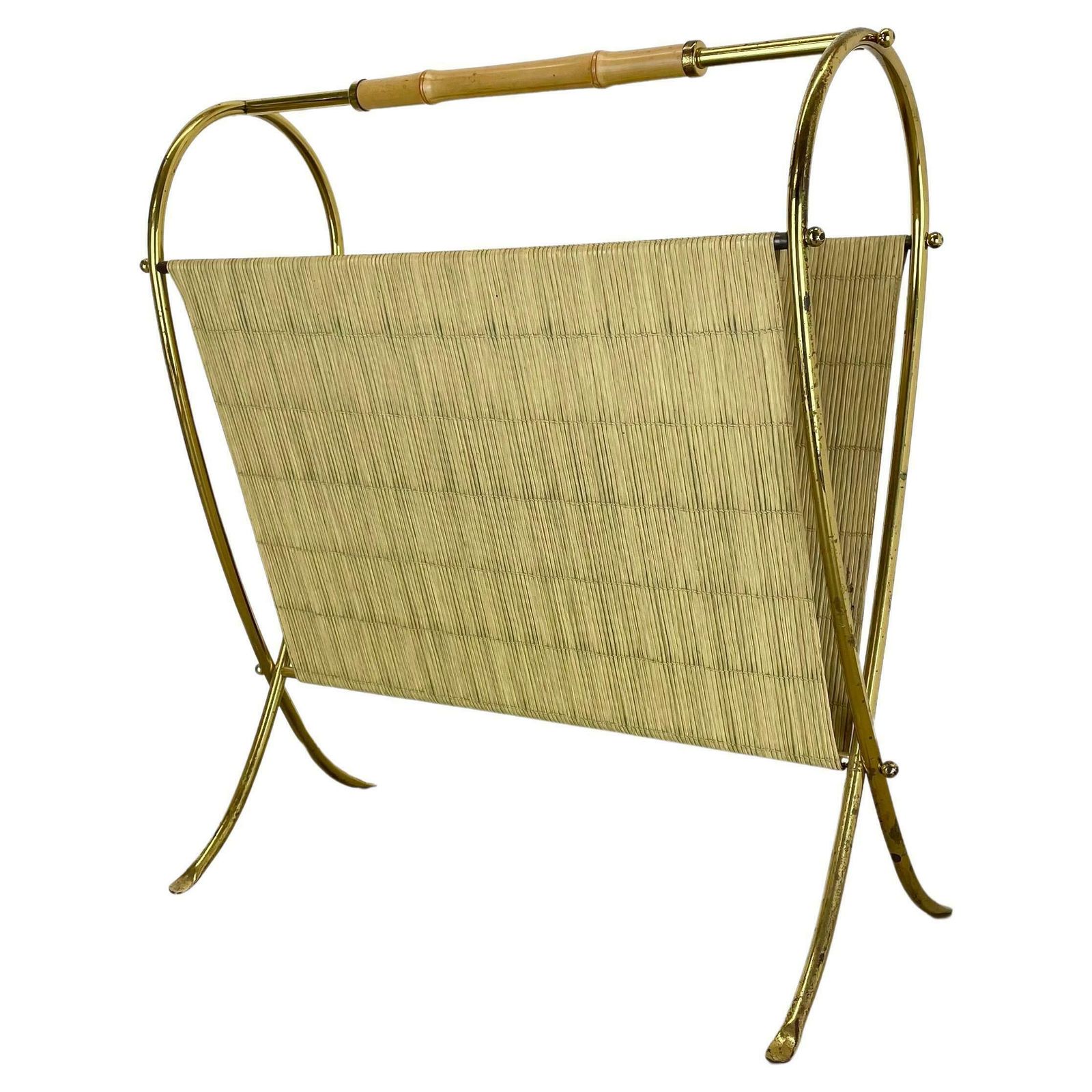 Unique Bauhaus Aubock Style Brass And Bamboo Magazine Holder, Austria 1950s