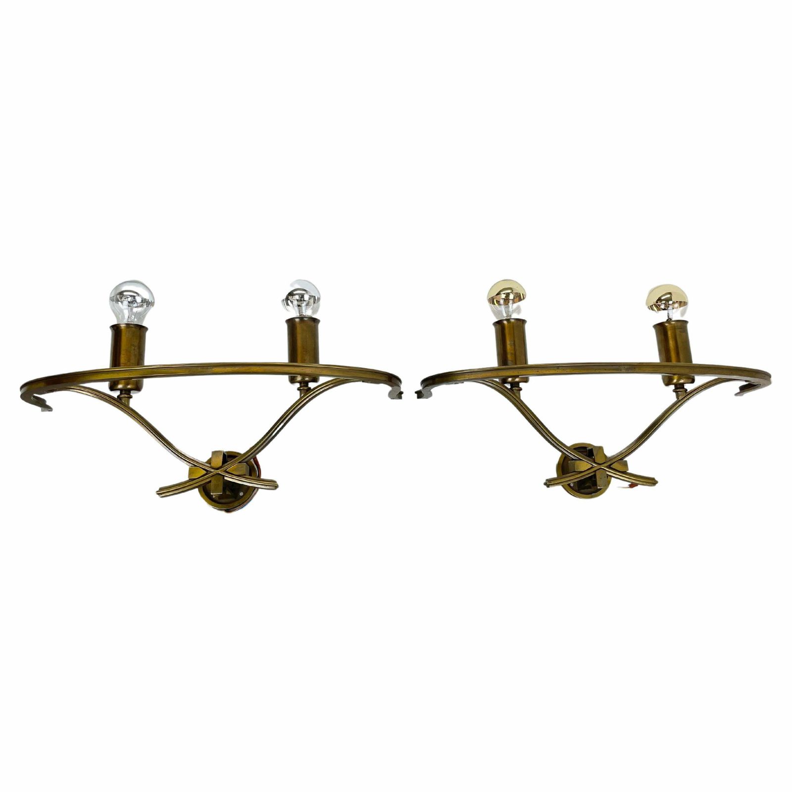 Set Of Two Xxl Modernist Brass Floral Theatre Wall Light Sconces, France, 1950
