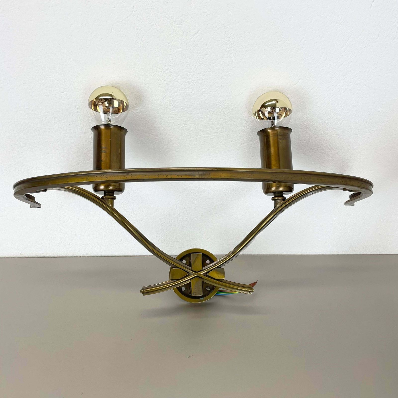 Set Of Two Xxl Modernist Brass Floral Theatre Wall Light Sconces, France, 1950 photo for sale