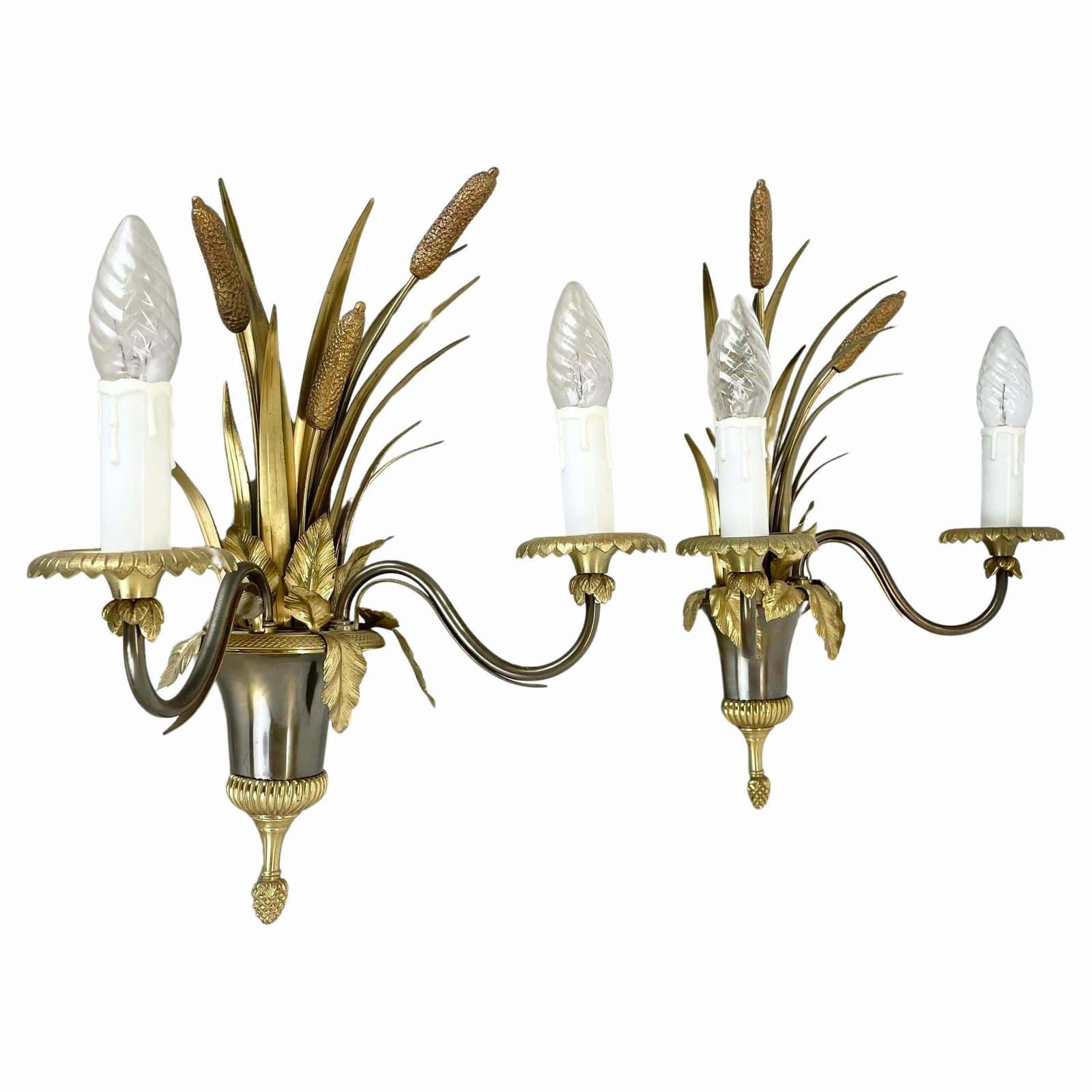 Set Of 2 Heavy Brass Florentiner Wall Lights By Maison Charles, France 1970s