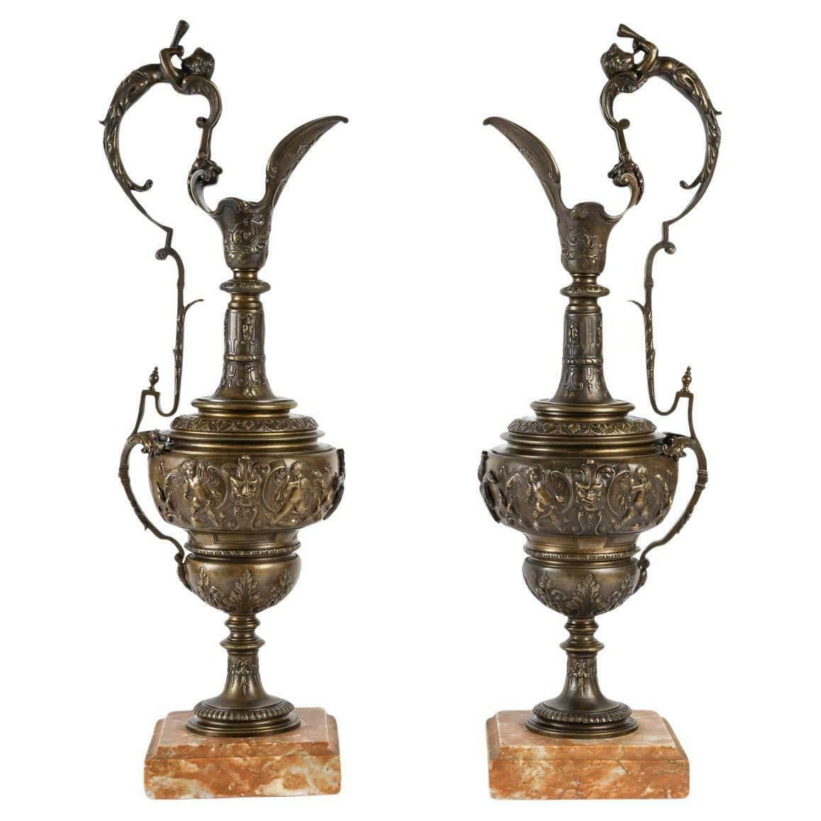 Pair Of Empire Style Bronze Ewers, Late 19th Or Early 20th Century.
