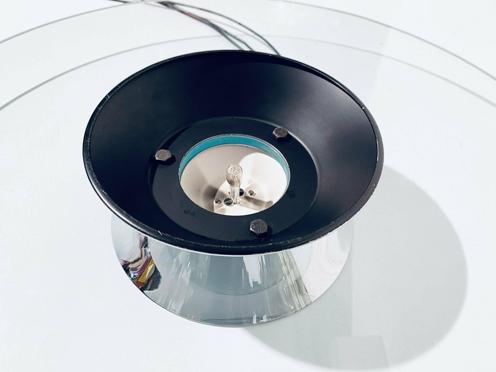 photo furniture Extravagant Glass & Chrome Ufo Hanging Lamp / Luxury 1980s Italian Vintage Interior Design