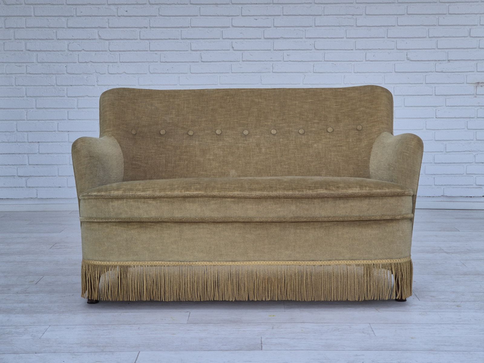 1970s, Danish 2 Seater Sofa, Original Condition, Green Furniture Velour, Beech Wood Legs. photo for sale