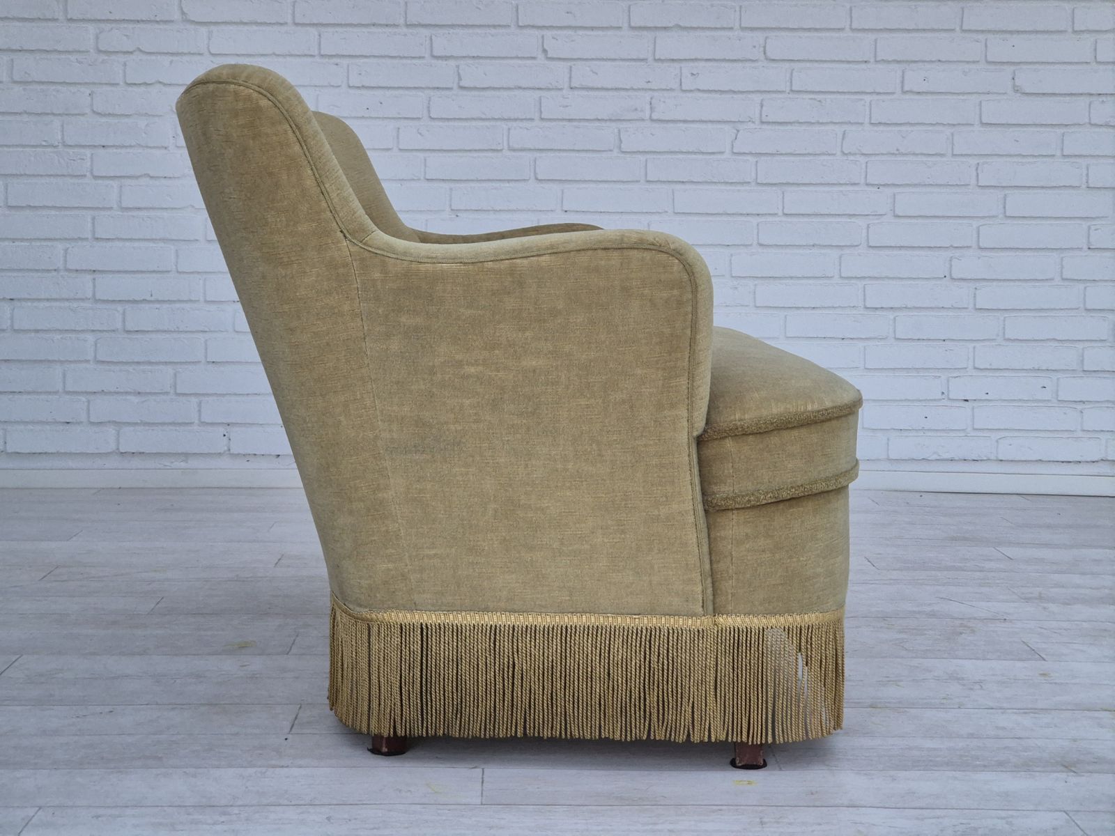 1970s, Danish 2 Seater Sofa, Original Condition, Green Furniture Velour, Beech Wood Legs. photo Furniture