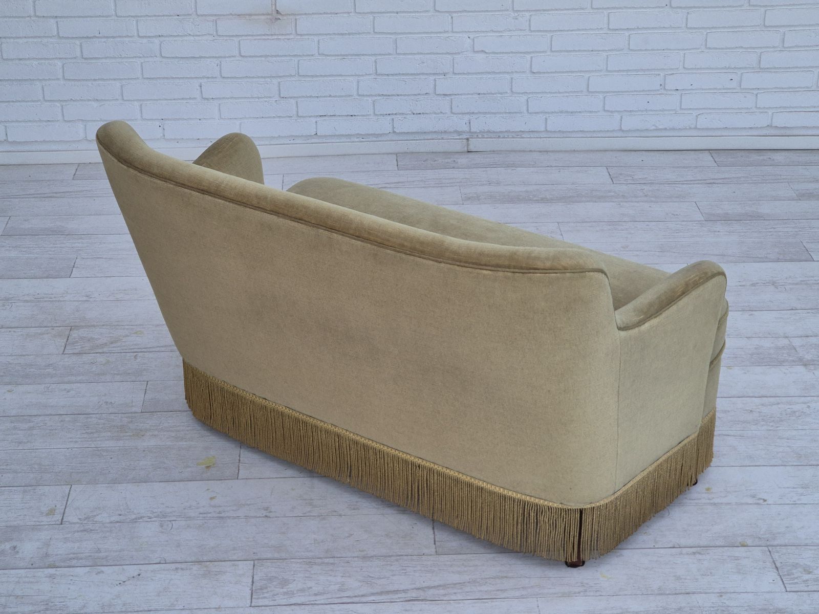 1970s, Danish 2 Seater Sofa, Original Condition, Green Furniture Velour, Beech Wood Legs. photo vintage