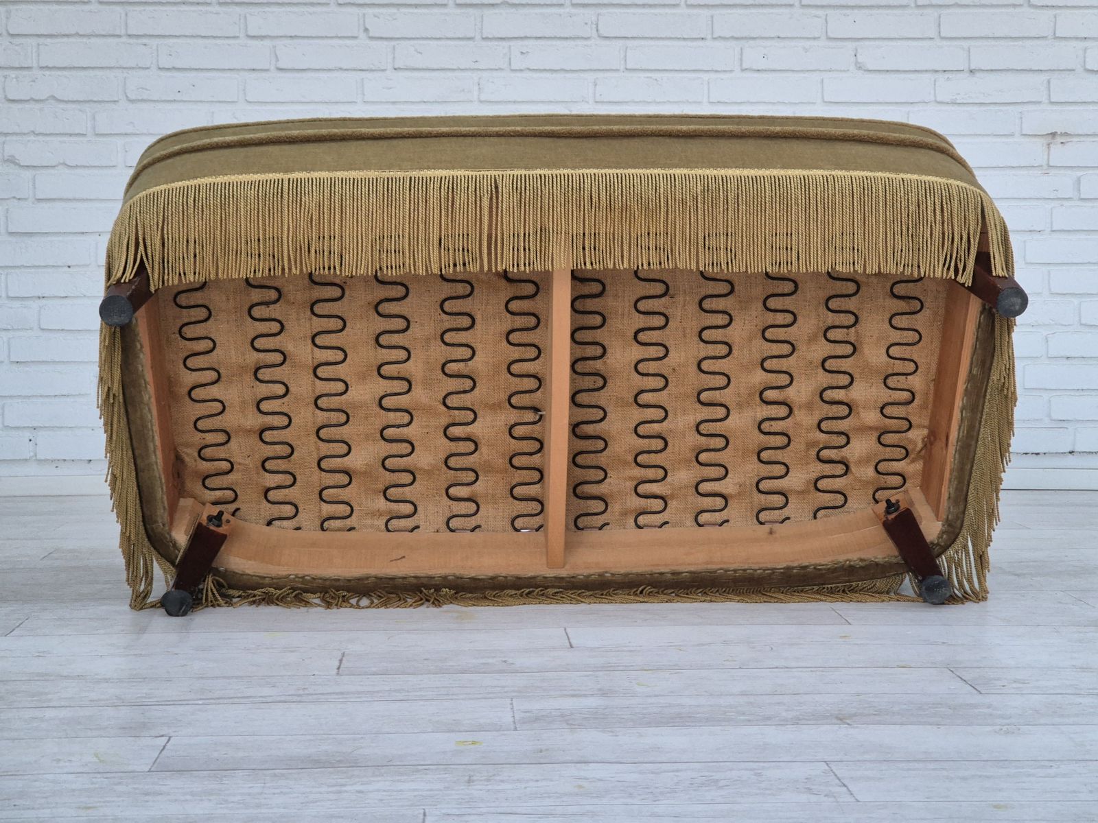 photo for sale 1970s, Danish 2 Seater Sofa, Original Condition, Green Furniture Velour, Beech Wood Legs.
