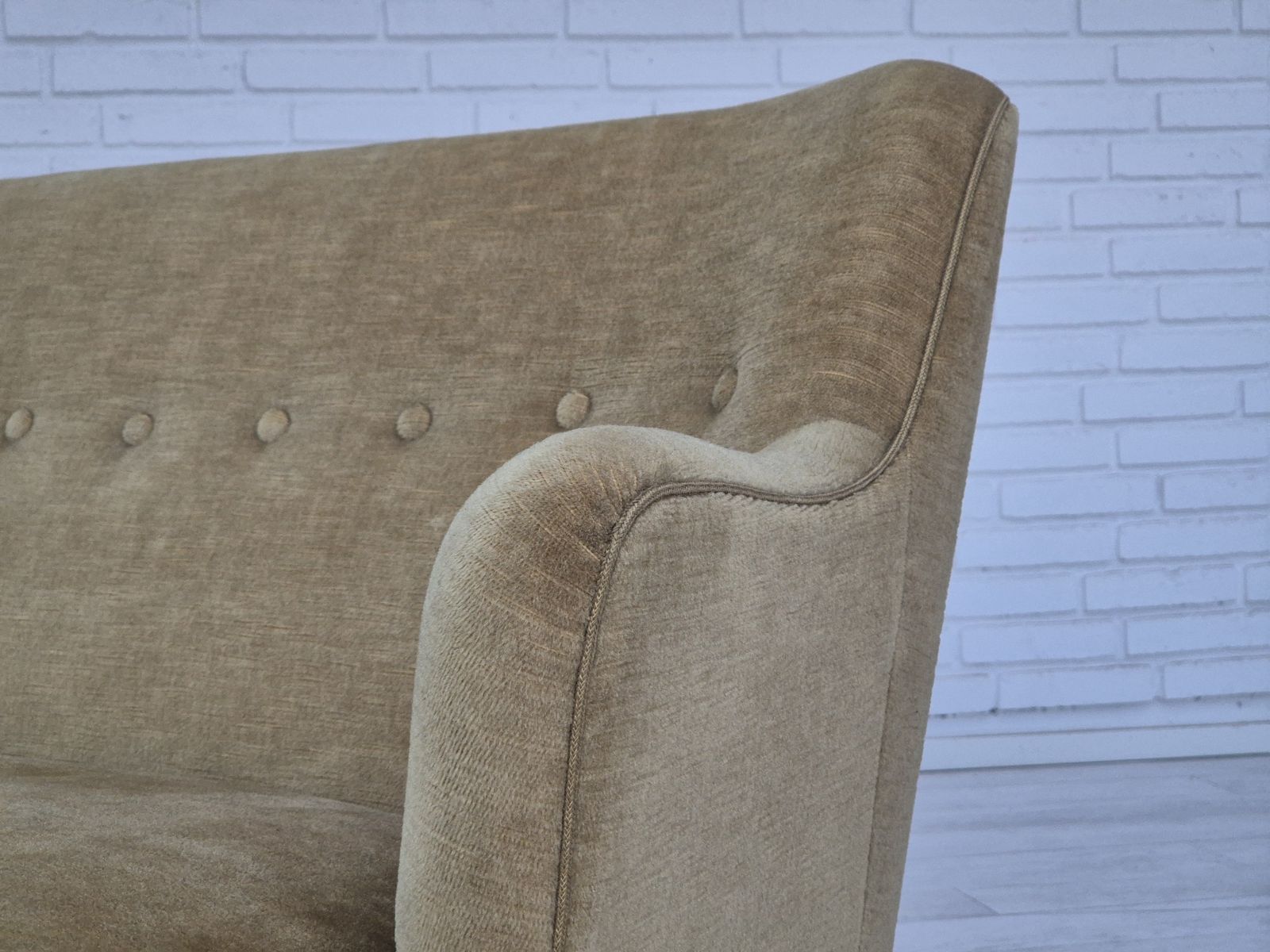 Furniture 1970s, Danish 2 Seater Sofa, Original Condition, Green Furniture Velour, Beech Wood Legs. photo