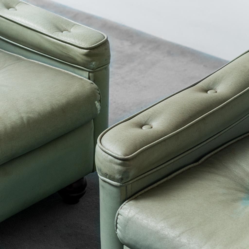 Pair Of Modern Vintage 1950s Sage Green Fabric Armchairs photo buy