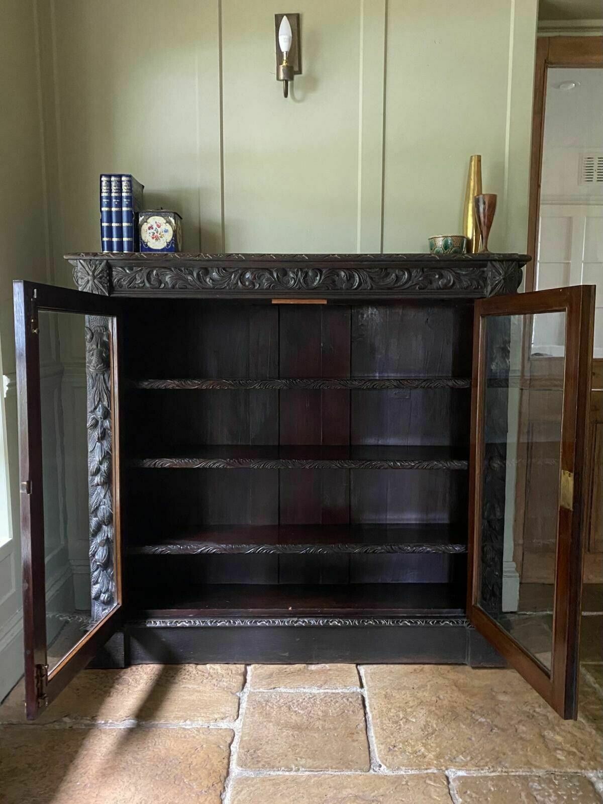 Antique Victorian Jacobean Style Oak Carved Glazed Bookcase Cabinet Cupboard photo for sale