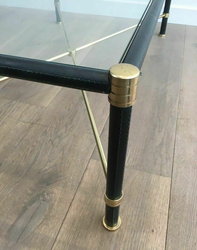Brass Coffee Table Covered In Black Leather. In The Taste Of Jacques Adnet photo vinterior